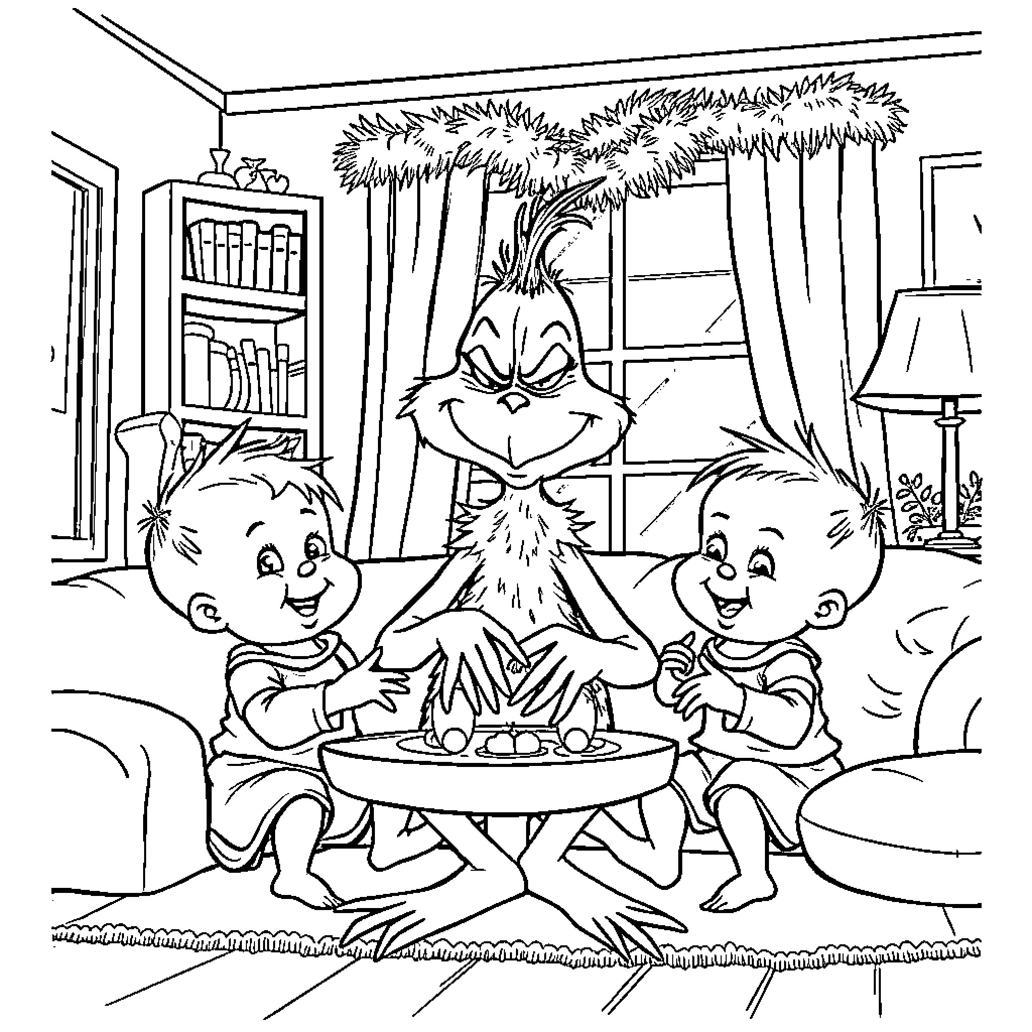 Grinch enjoys cozy evening with young friends Coloring Page (free black-and-white line drawing printable PDF for all, from beginners to advanced learners, including children, teens, adults, and seniors)