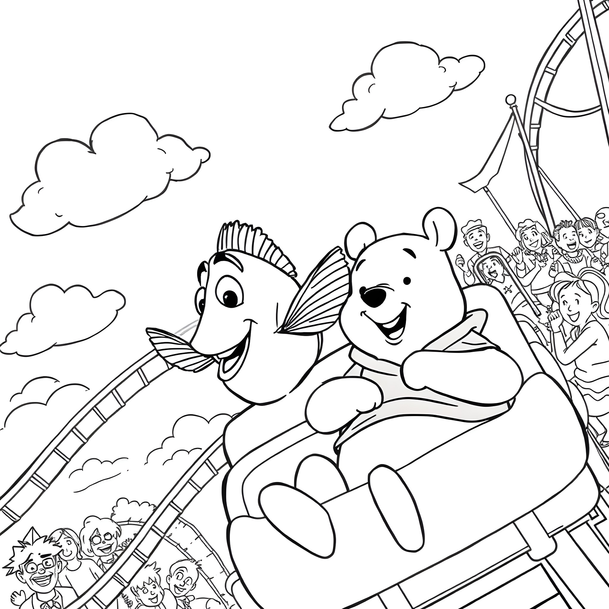 Nemo and Winnie the Pooh riding a rollercoaster Coloring Page (free black-and-white line drawing printable PDF for all, from beginners to advanced learners, including children, teens, adults, and seniors)