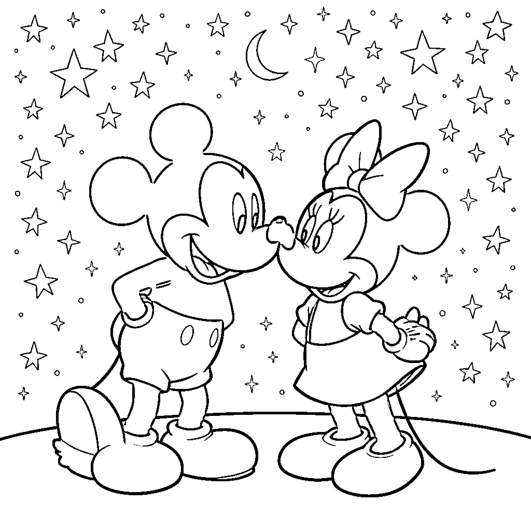 Mickey and Minnie under the starry night sky Coloring Page (free black-and-white line drawing printable PDF for all, from beginners to advanced learners, including children, teens, adults, and seniors)