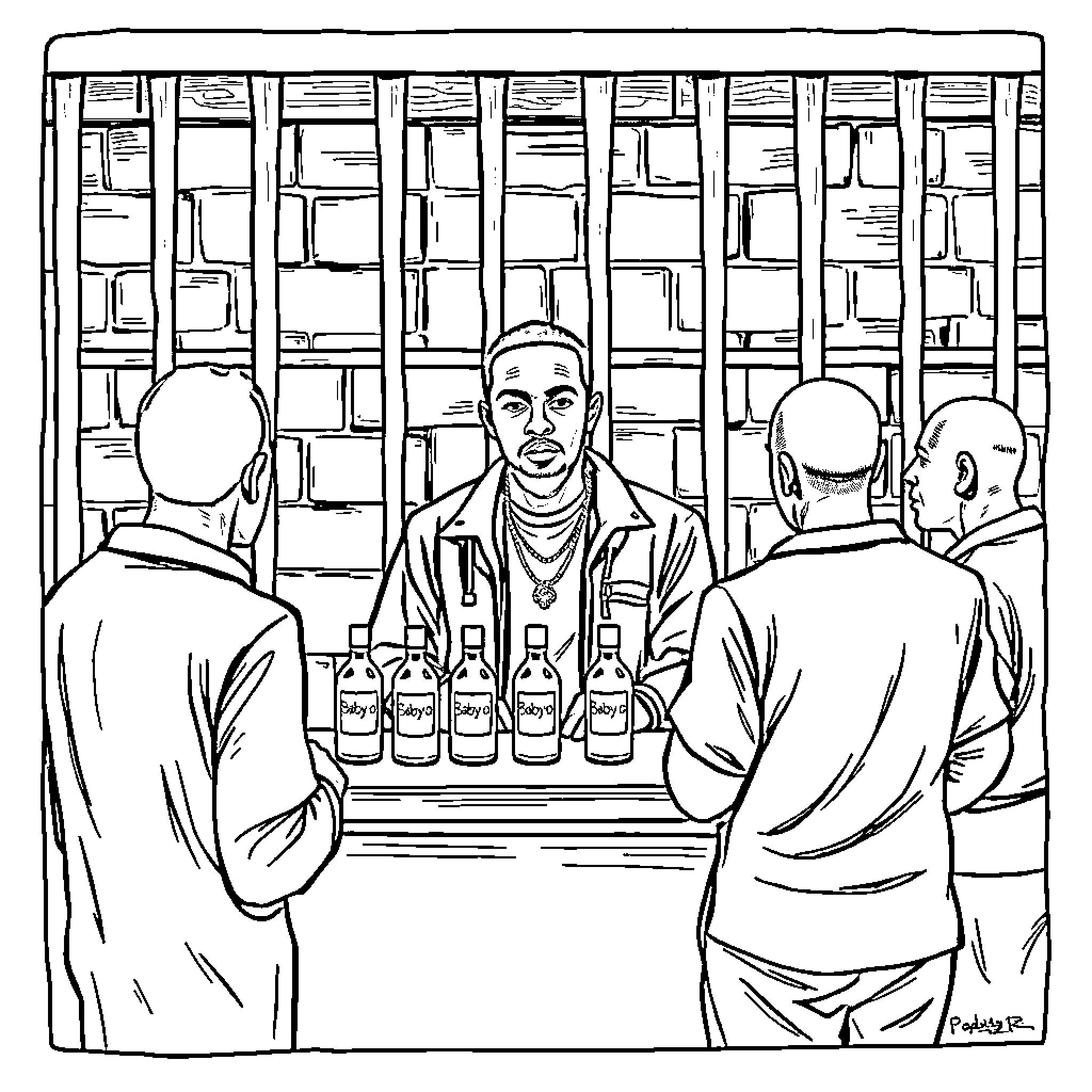 P Diddy hosting liquor tasting event in store Coloring Page (free black-and-white line drawing printable PDF for all, from beginners to advanced learners, including children, teens, adults, and seniors)