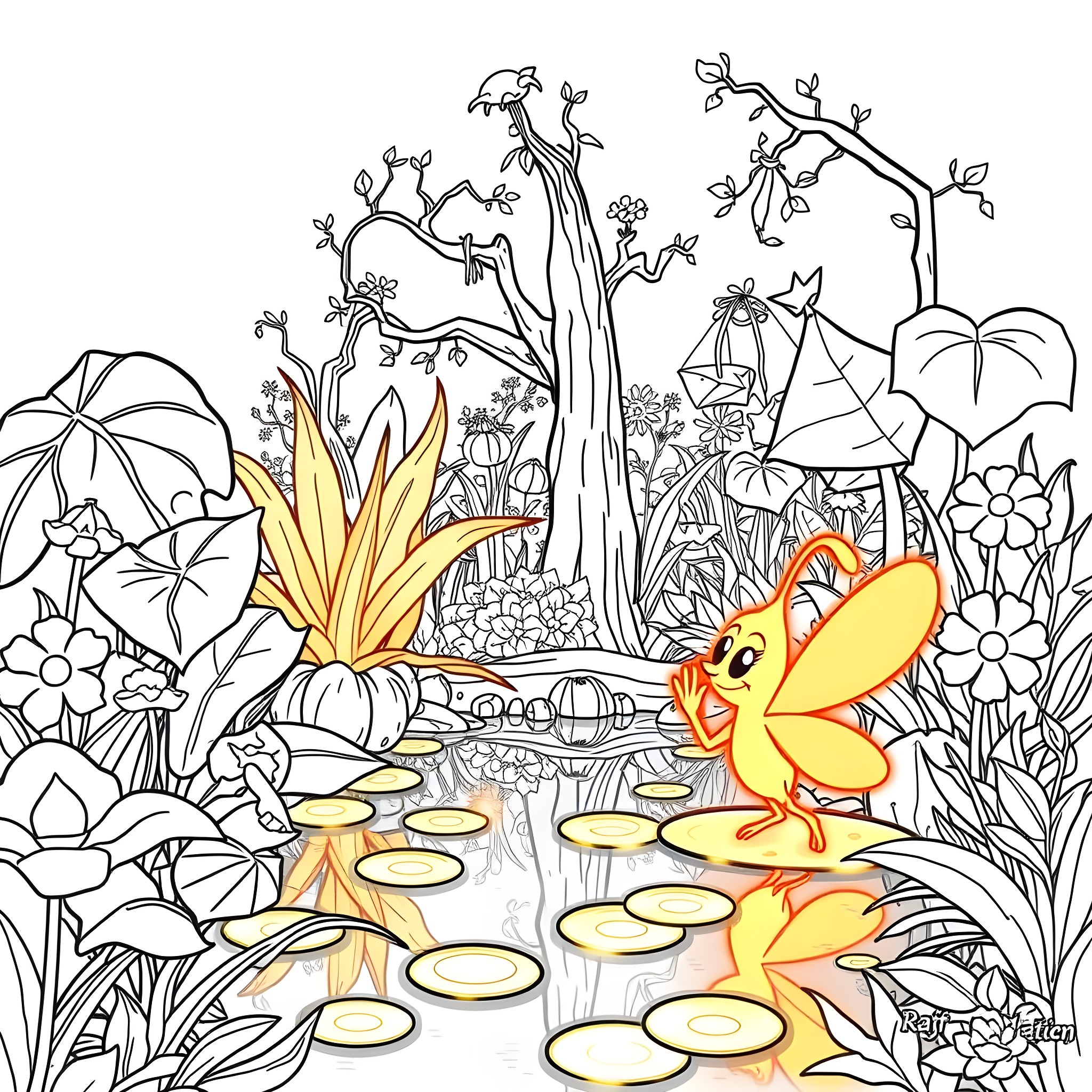 Ray's Enchanted Forest Adventure Coloring Page (free black-and-white line drawing printable PDF for all, from beginners to advanced learners, including children, teens, adults, and seniors)
