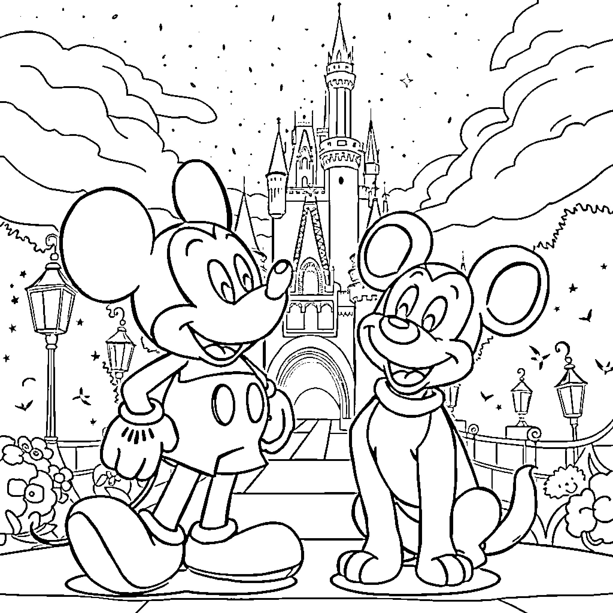 Bluey and Mickey Mouse at the Magical Castle Coloring Page (free black-and-white line drawing printable PDF for all, from beginners to advanced learners, including children, teens, adults, and seniors)
