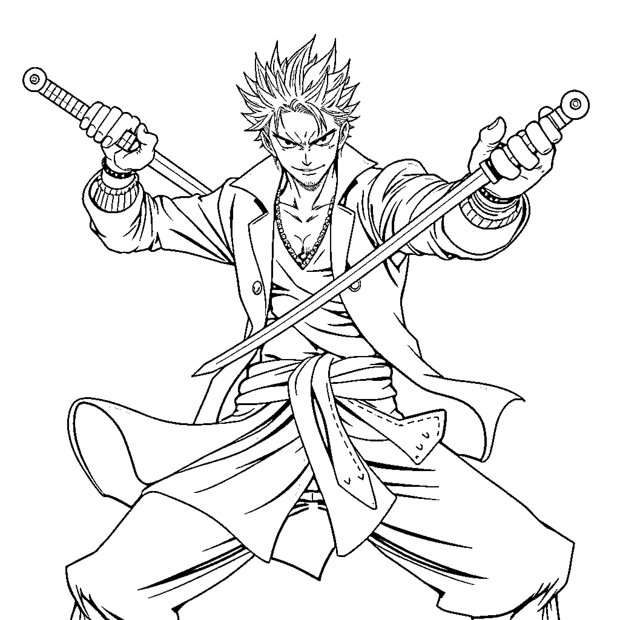 Roronoa Zoro in fierce sword-wielding stance Coloring Page (free black-and-white line drawing printable PDF for all, from beginners to advanced learners, including children, teens, adults, and seniors)