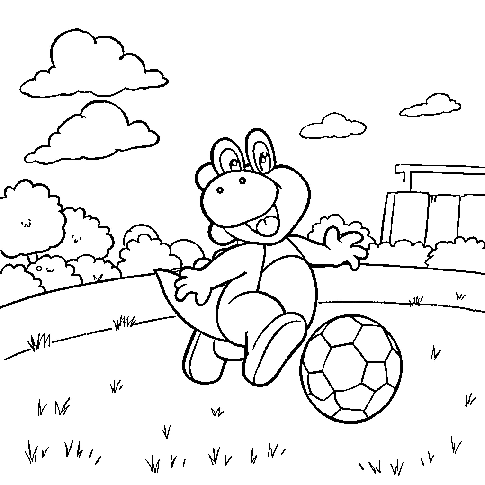 Yoshi playing with soccer ball in the park Coloring Page (free black-and-white line drawing printable PDF for all, from beginners to advanced learners, including children, teens, adults, and seniors)