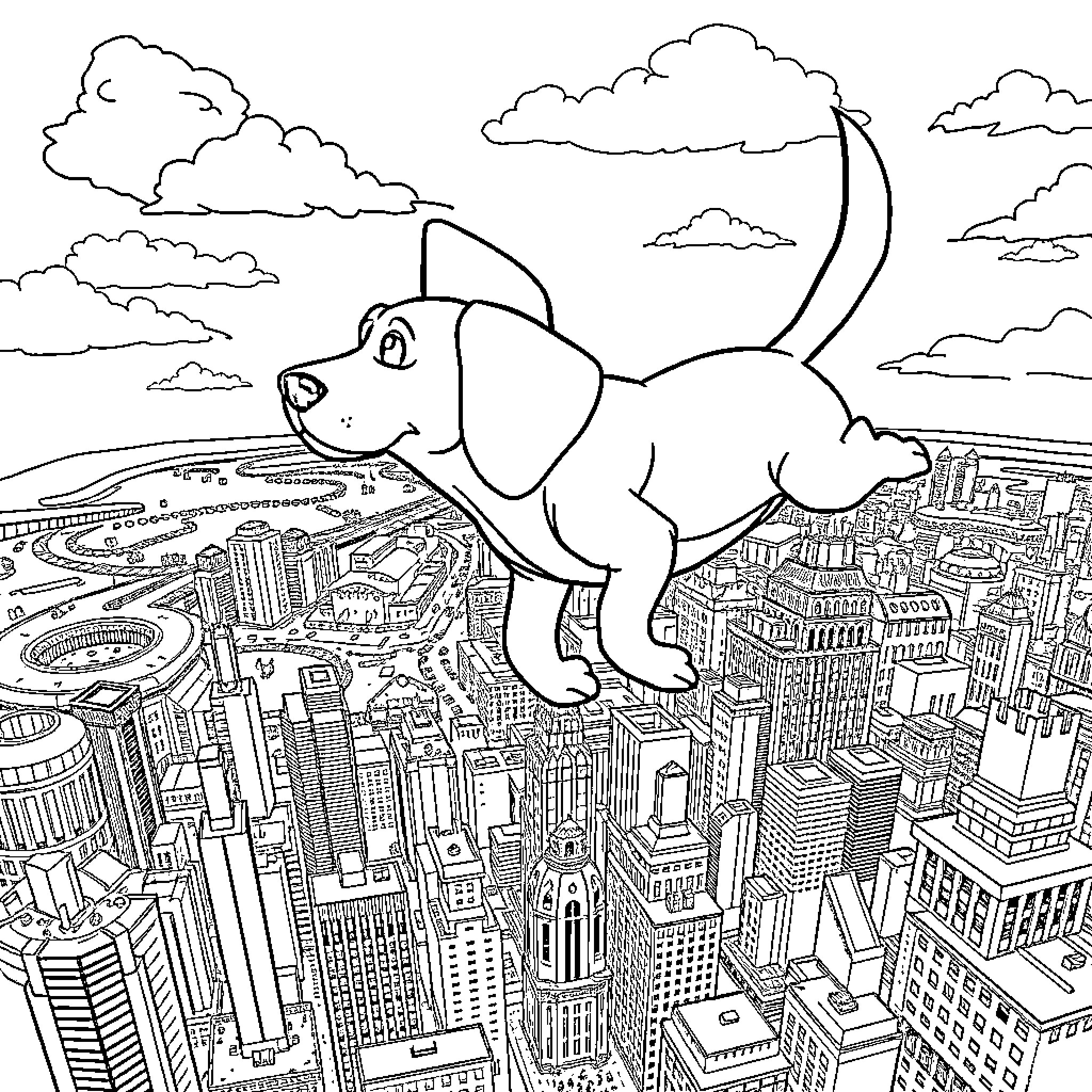 Beagle exploring the bustling city skyline Coloring Page (free black-and-white line drawing printable PDF for all, from beginners to advanced learners, including children, teens, adults, and seniors)