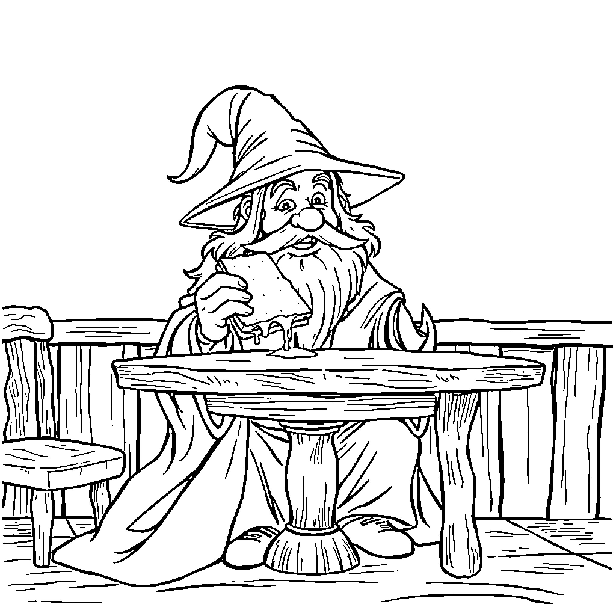 Wizard casting spells in mysterious study Coloring Page (free black-and-white line drawing printable PDF for all, from beginners to advanced learners, including children, teens, adults, and seniors)