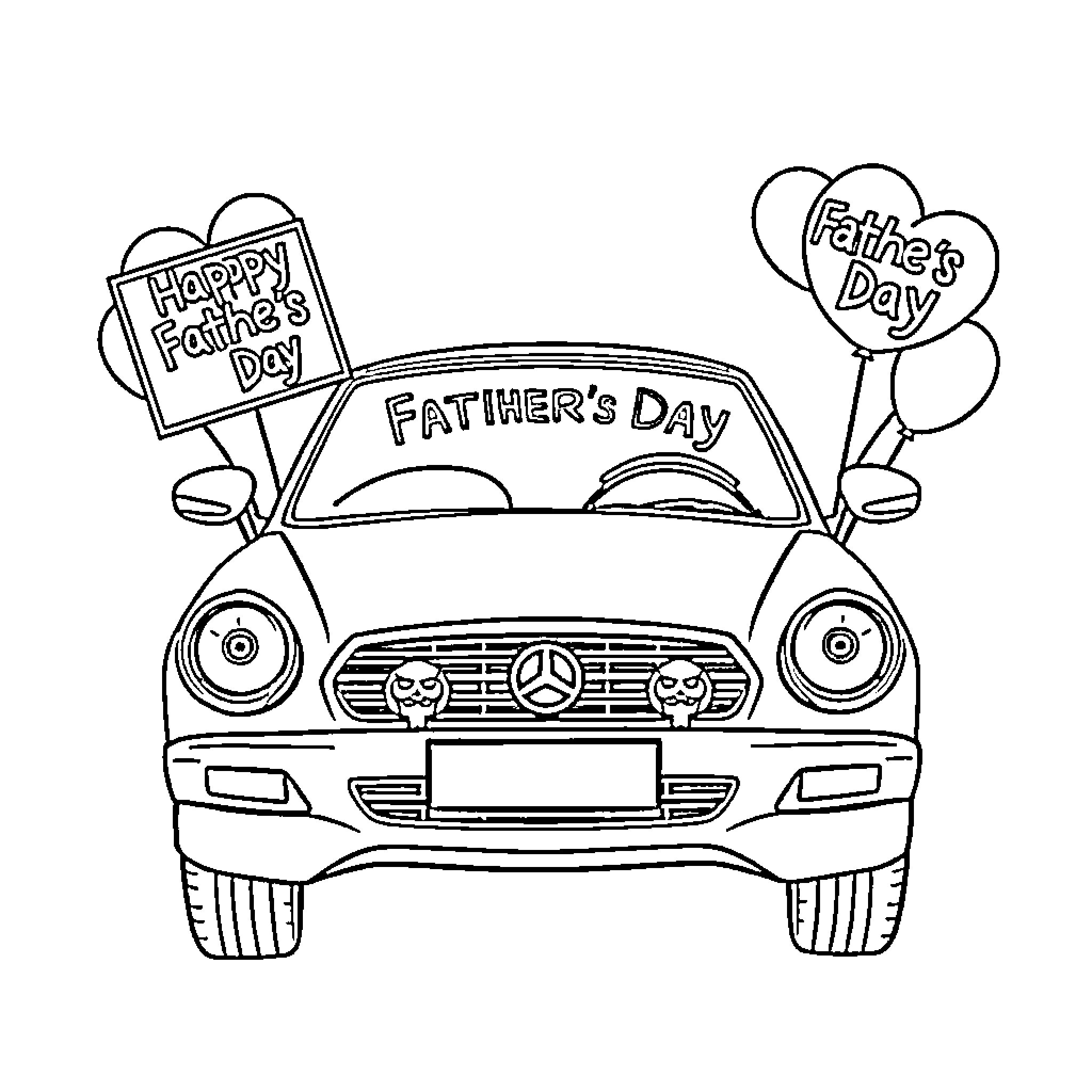 Car celebrating Father's Day with decorations Coloring Page (free black-and-white line drawing printable PDF for all, from beginners to advanced learners, including children, teens, adults, and seniors)