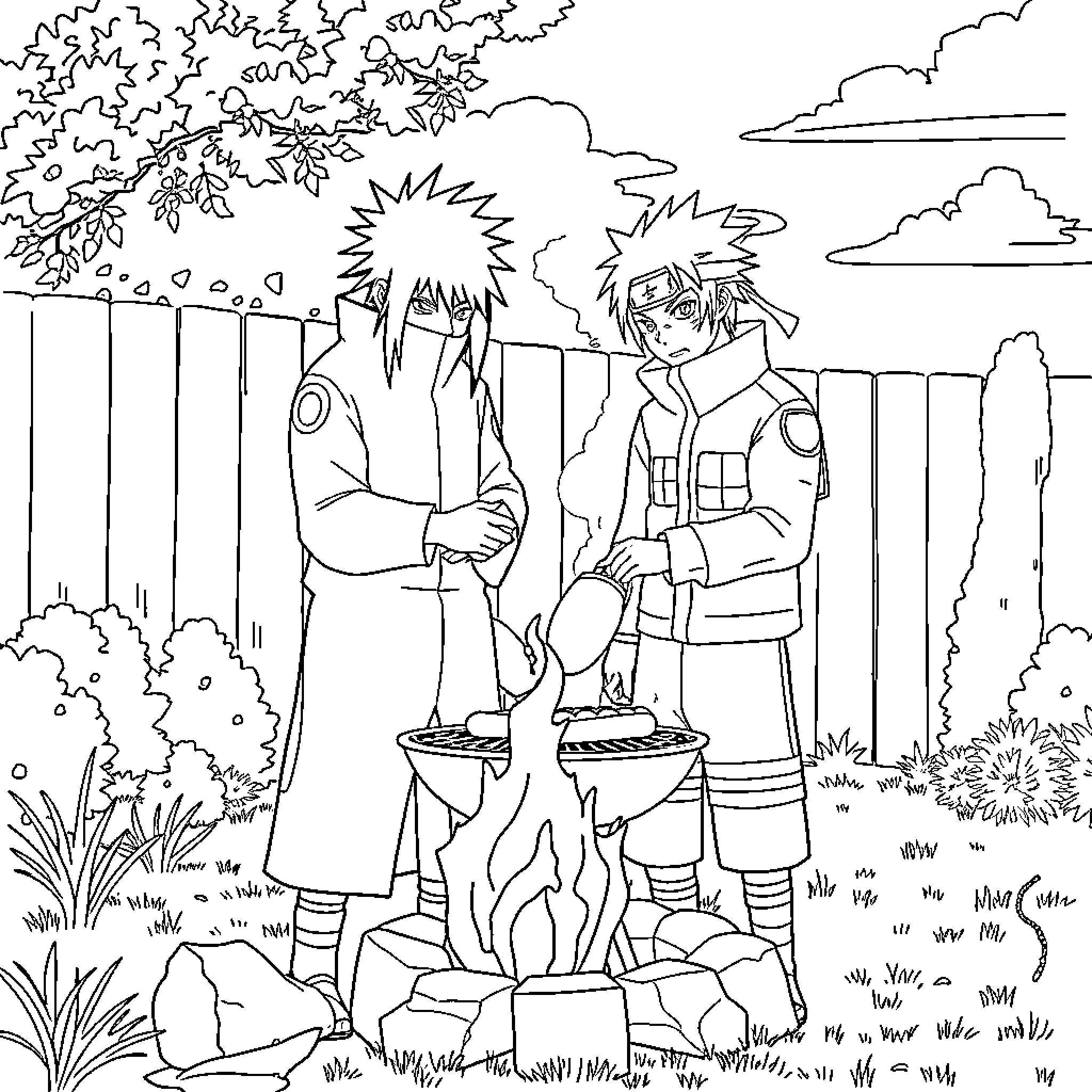 Madara Uchiha and Naruto Uzumaki in an outdoor setting Coloring Page (free black-and-white line drawing printable PDF for all, from beginners to advanced learners, including children, teens, adults, and seniors)