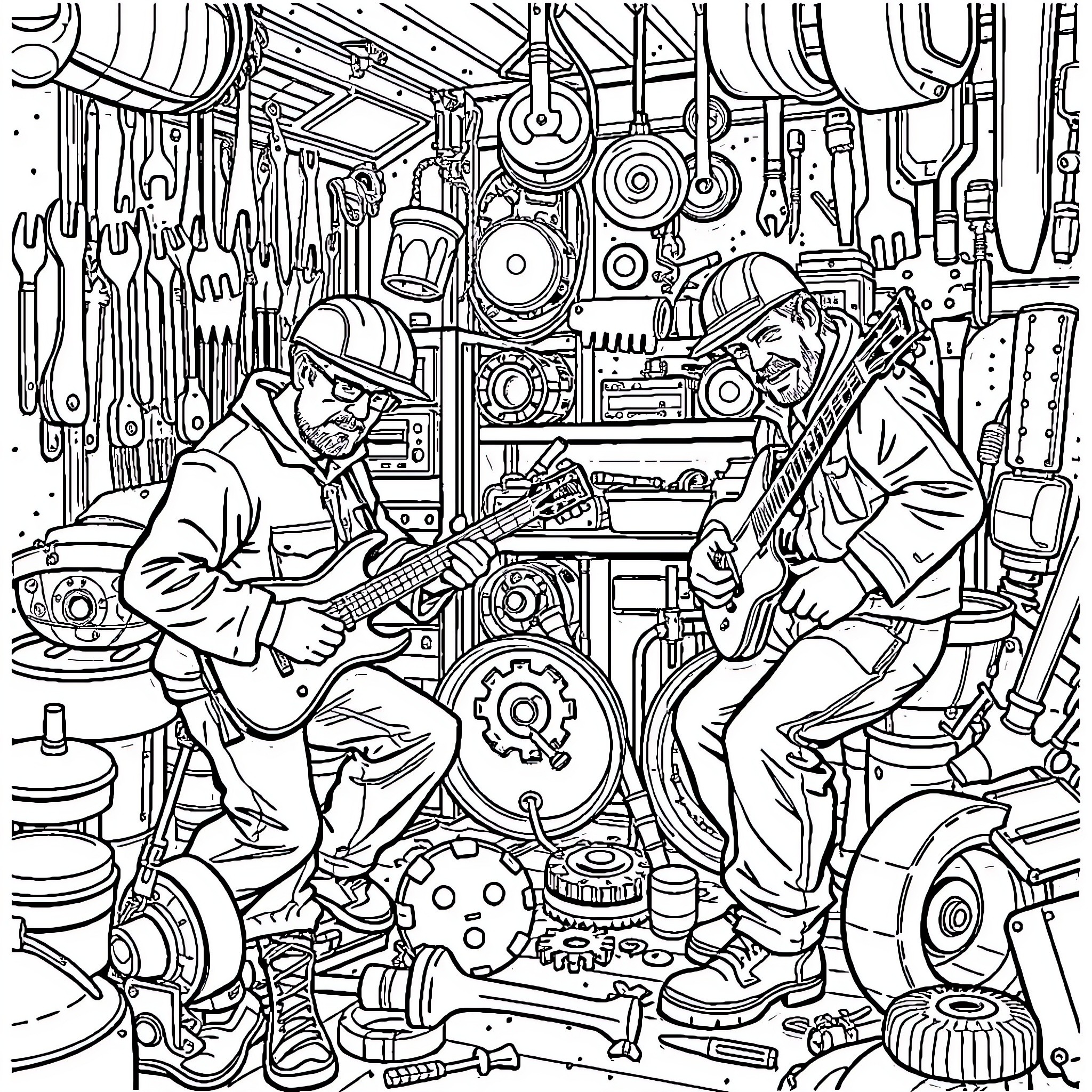 Mechanics Working on Complicated Machinery in a Workshop Coloring Page (free black-and-white line drawing printable PDF for all, from beginners to advanced learners, including children, teens, adults, and seniors)