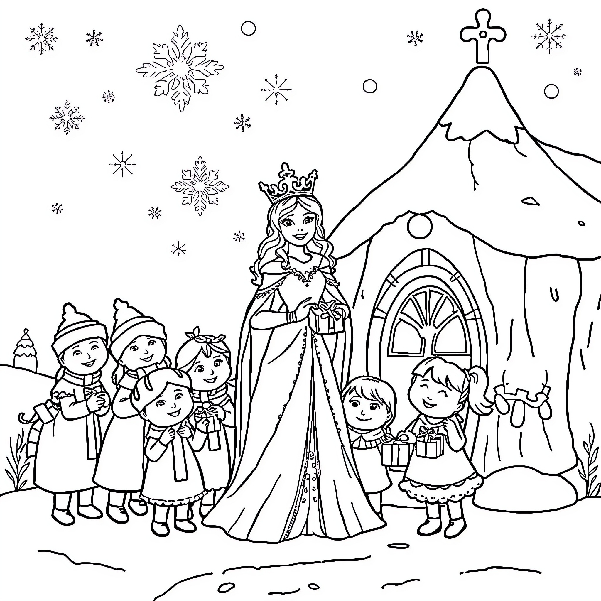 Snow Queen surrounded by children and winter scenes Coloring Page (free black-and-white line drawing printable PDF for all, from beginners to advanced learners, including children, teens, adults, and seniors)