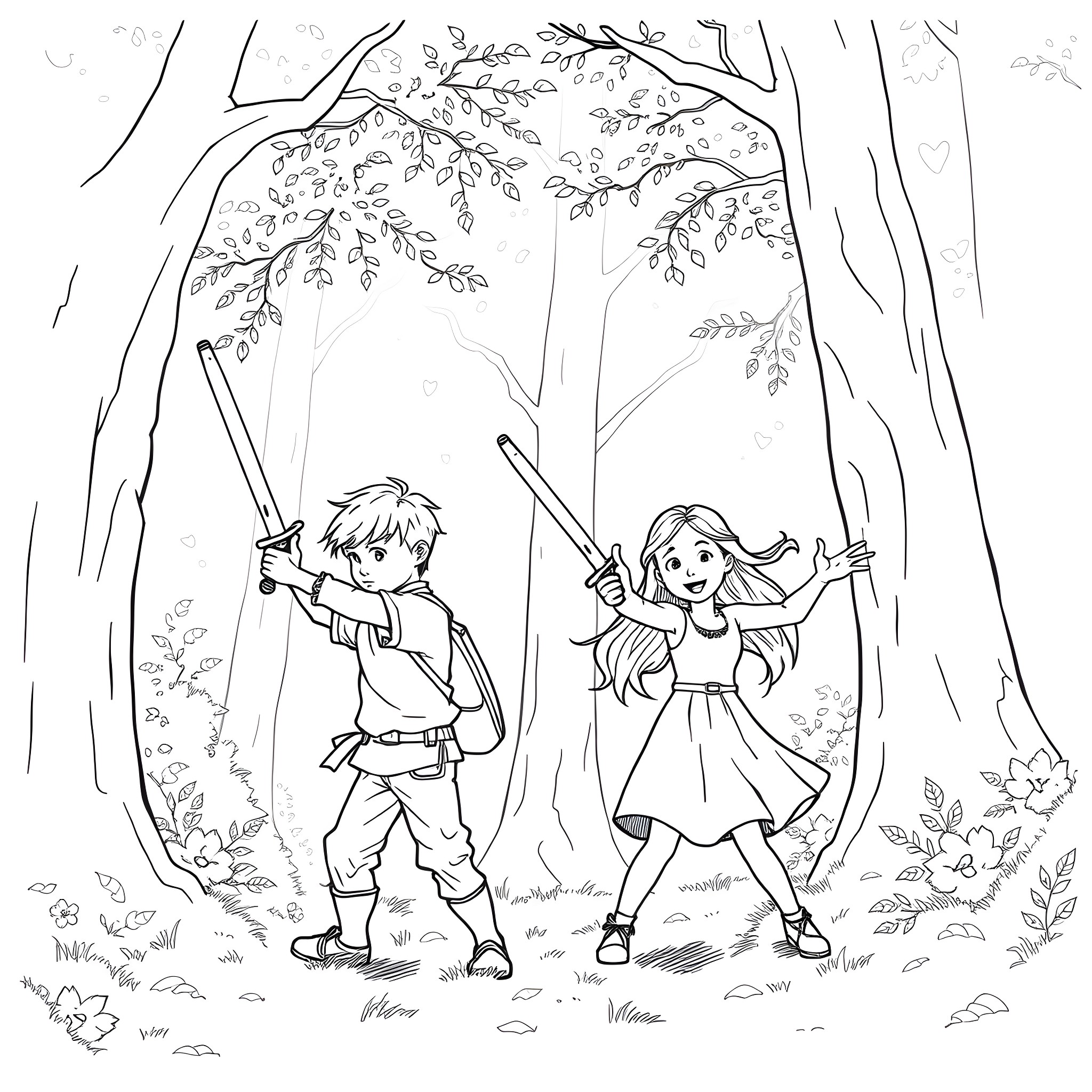 Child adventurers exploring the enchanted forest Coloring Page (free black-and-white line drawing printable PDF for all, from beginners to advanced learners, including children, teens, adults, and seniors)