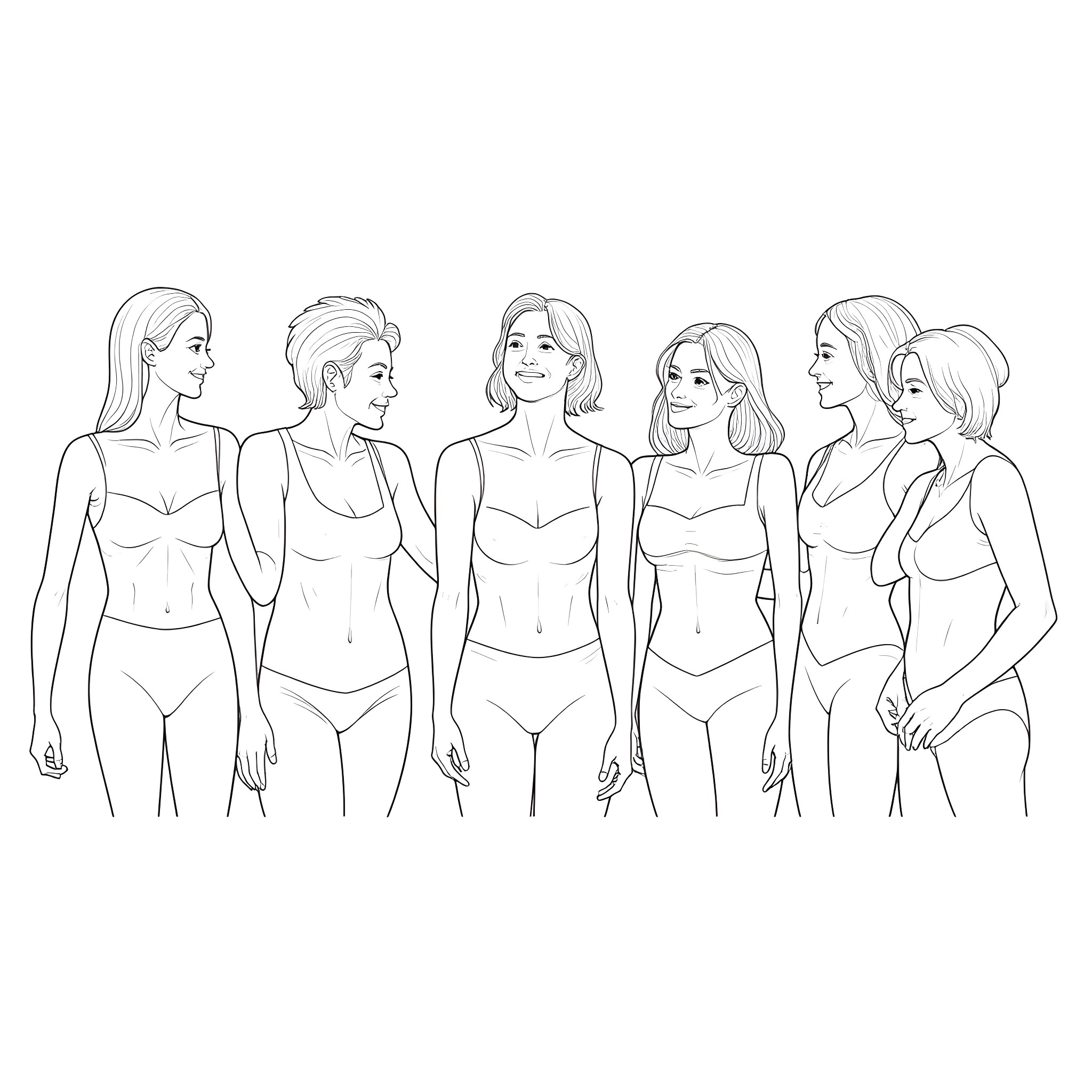 Trans women posing confidently in their underwear Coloring Page (free black-and-white line drawing printable PDF for all, from beginners to advanced learners, including children, teens, adults, and seniors)