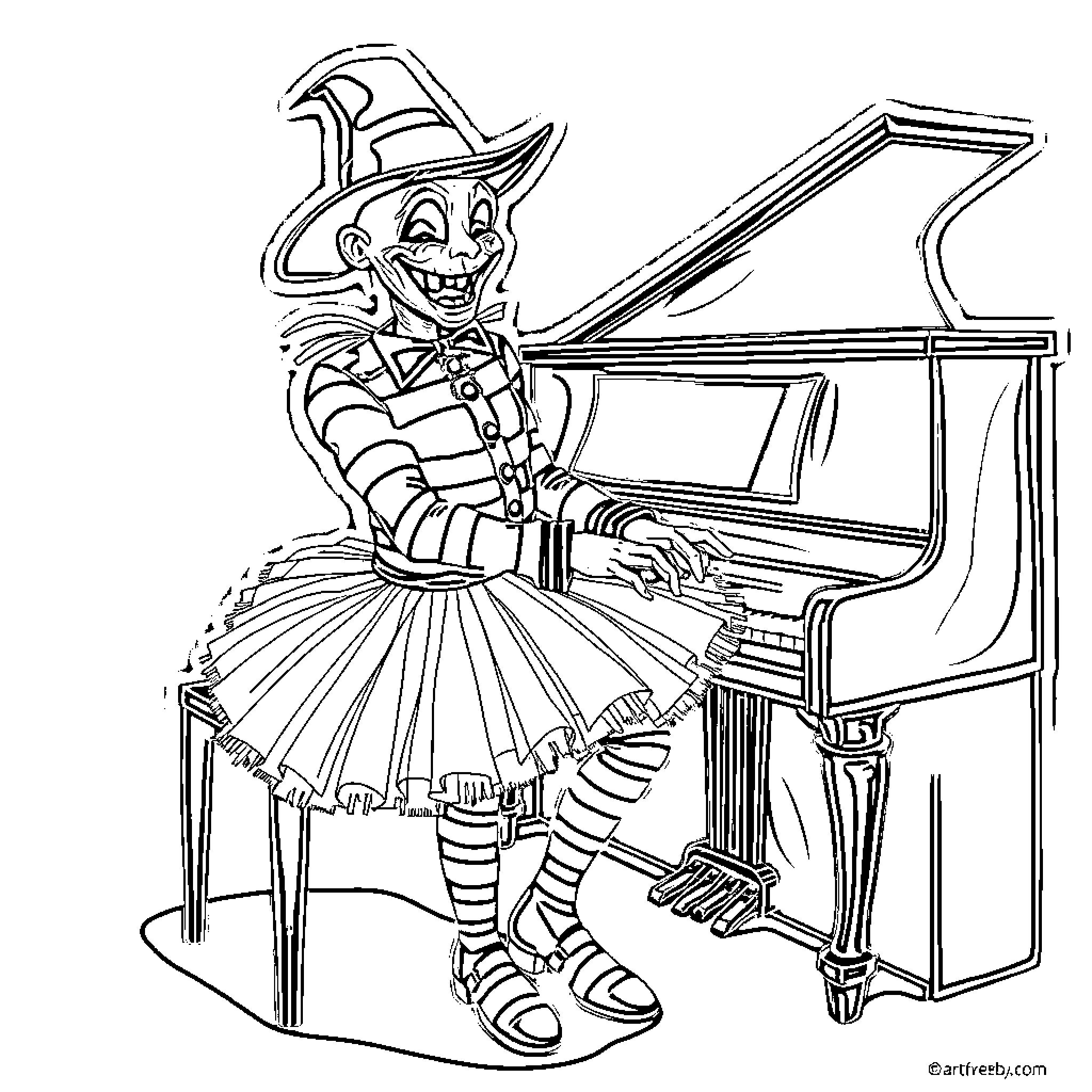 Freddy Krueger performing sinister piano recital Coloring Page (free black-and-white line drawing printable PDF for all, from beginners to advanced learners, including children, teens, adults, and seniors)