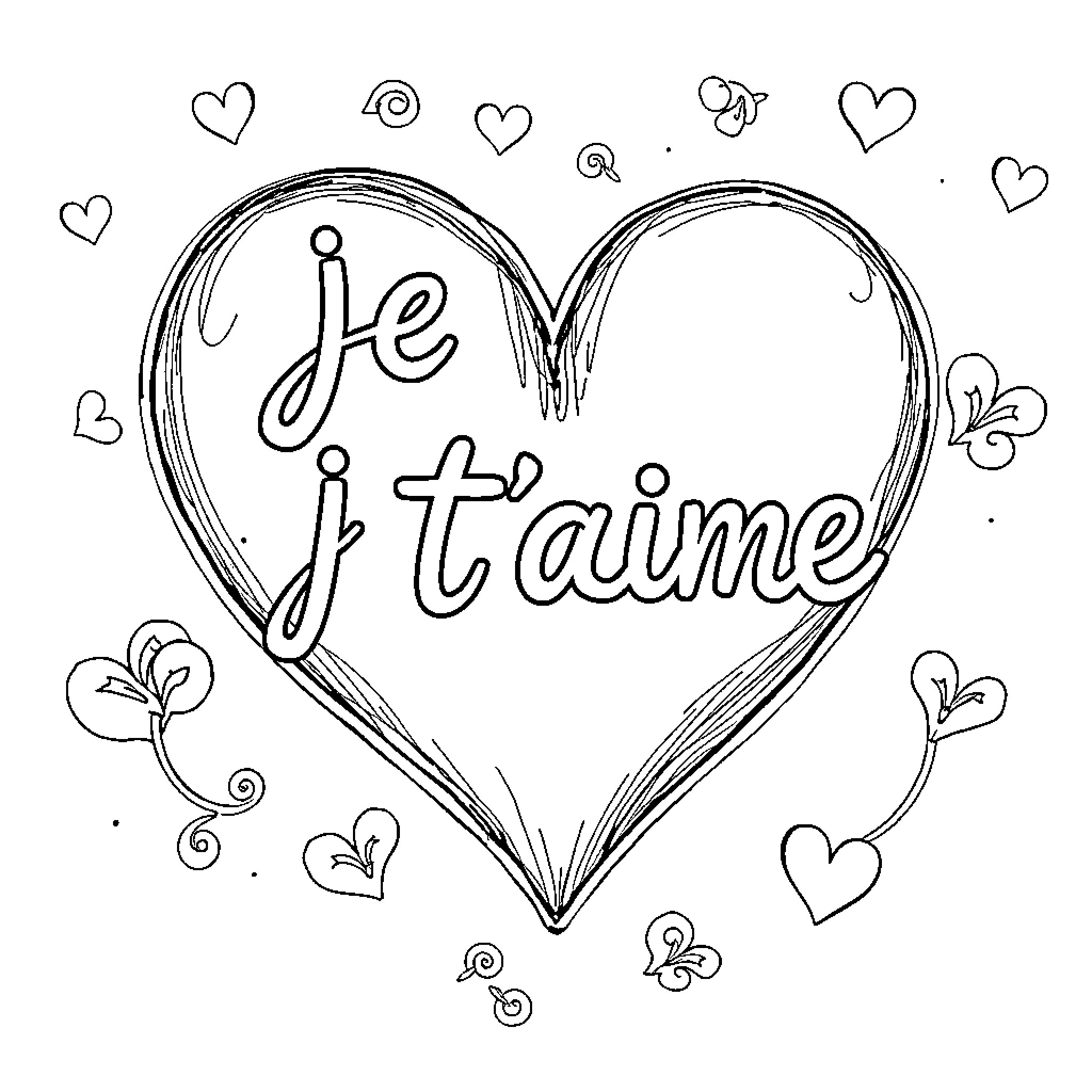 Heart-shaped love expression with floral accents Coloring Page (free black-and-white line drawing printable PDF for all, from beginners to advanced learners, including children, teens, adults, and seniors)