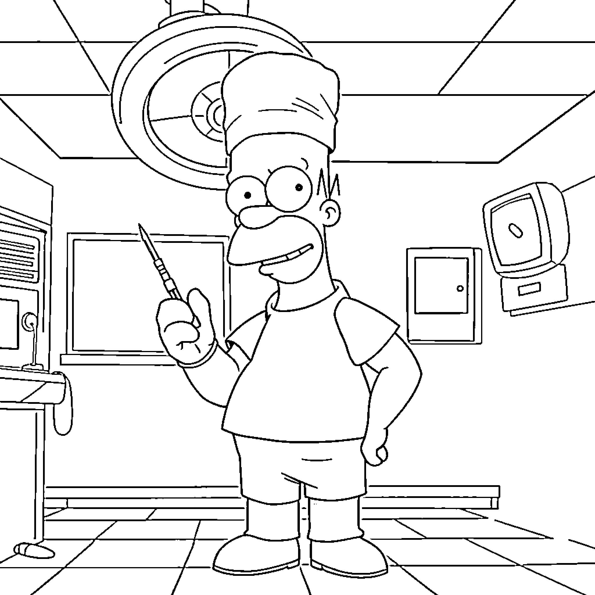 Homer Simpson in a doctor's office Coloring Page (free black-and-white line drawing printable PDF for all, from beginners to advanced learners, including children, teens, adults, and seniors)