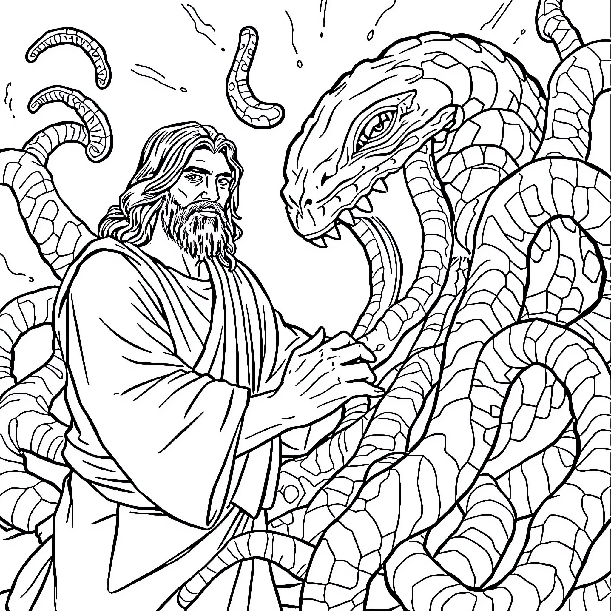 Jesus Taming the Serpent Coloring Page (free black-and-white line drawing printable PDF for all, from beginners to advanced learners, including children, teens, adults, and seniors)