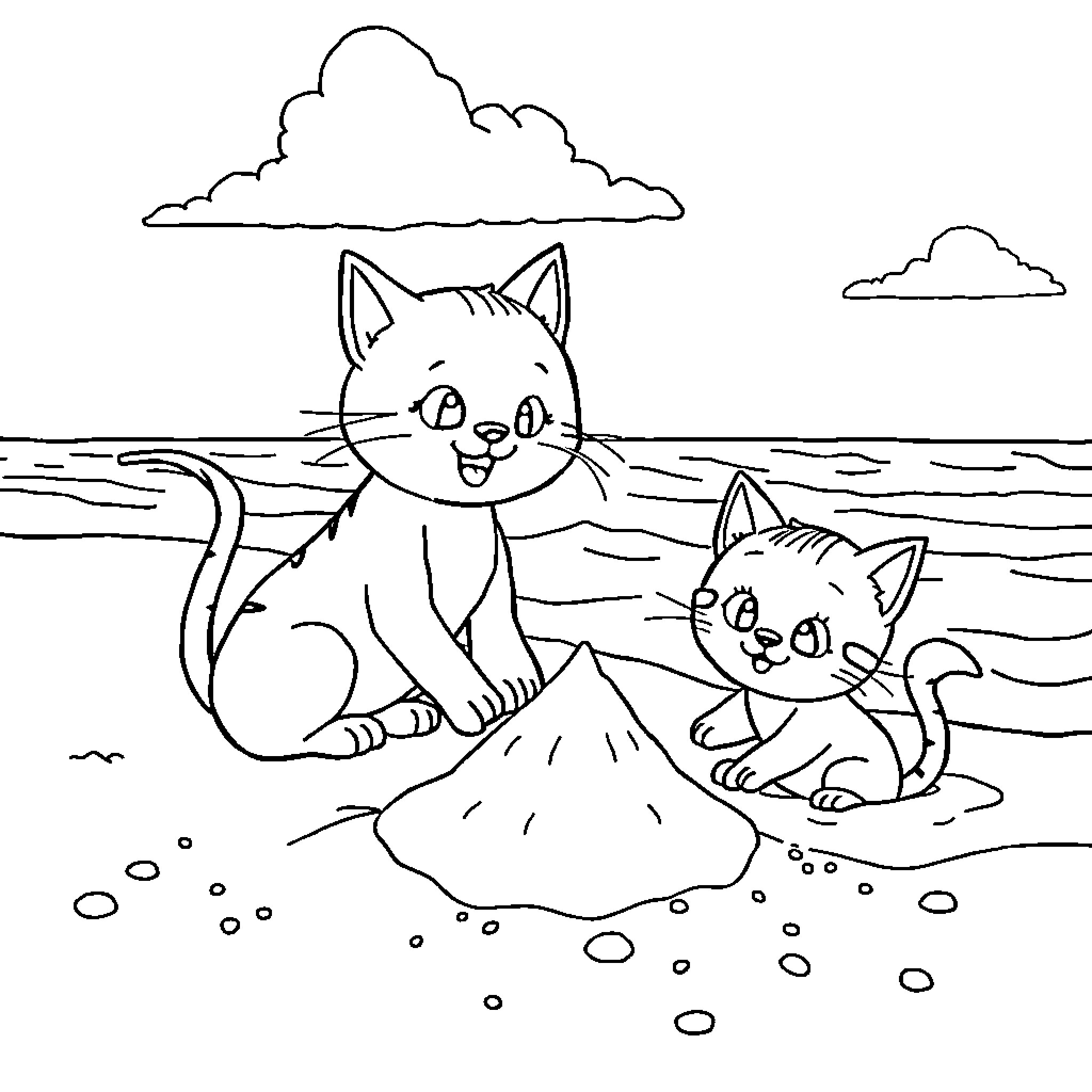 Cats at the Beach Coloring Page (free black-and-white line drawing printable PDF for all, from beginners to advanced learners, including children, teens, adults, and seniors)