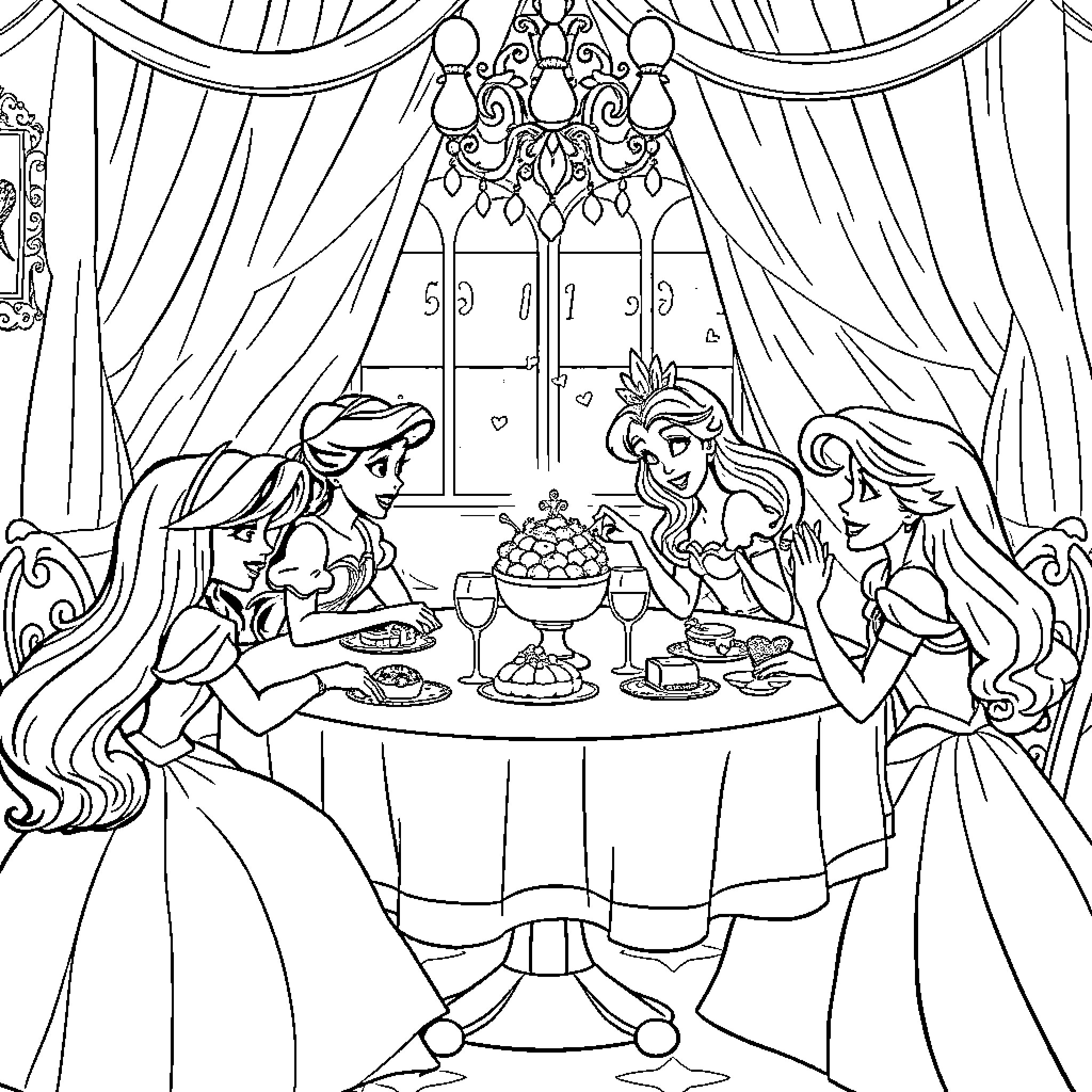 Princess Sharing Elegant Feast with Friends Coloring Page (free black-and-white line drawing printable PDF for all, from beginners to advanced learners, including children, teens, adults, and seniors)
