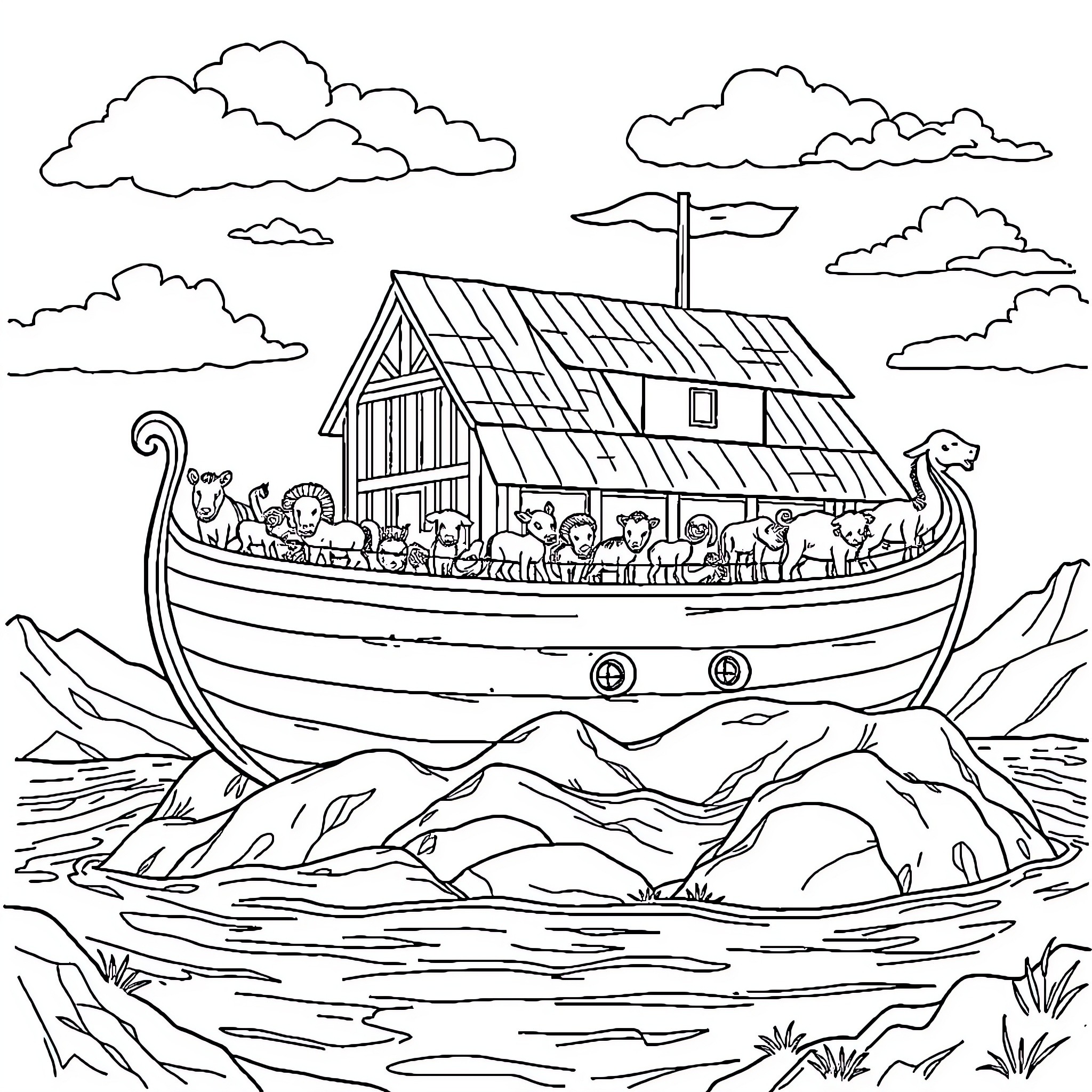 Noah's Ark floating on the stormy sea Coloring Page (free black-and-white line drawing printable PDF for all, from beginners to advanced learners, including children, teens, adults, and seniors)
