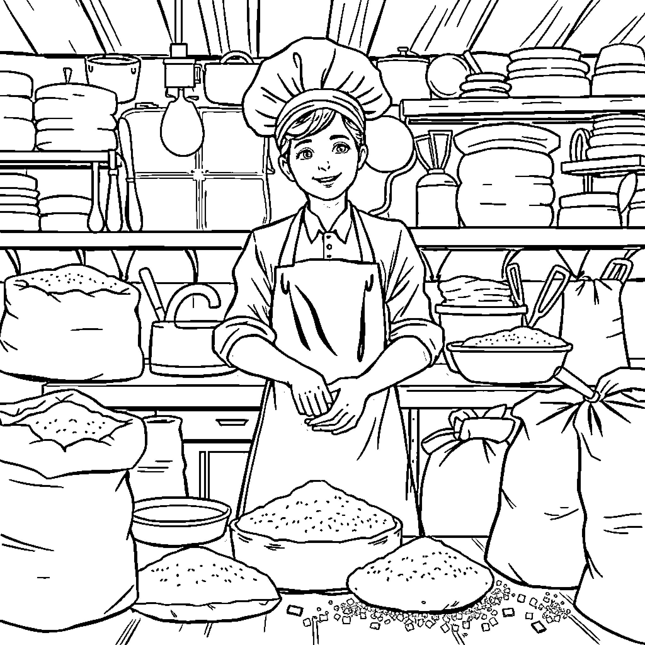 Baker preparing delicious treats in the kitchen Coloring Page (free black-and-white line drawing printable PDF for all, from beginners to advanced learners, including children, teens, adults, and seniors)