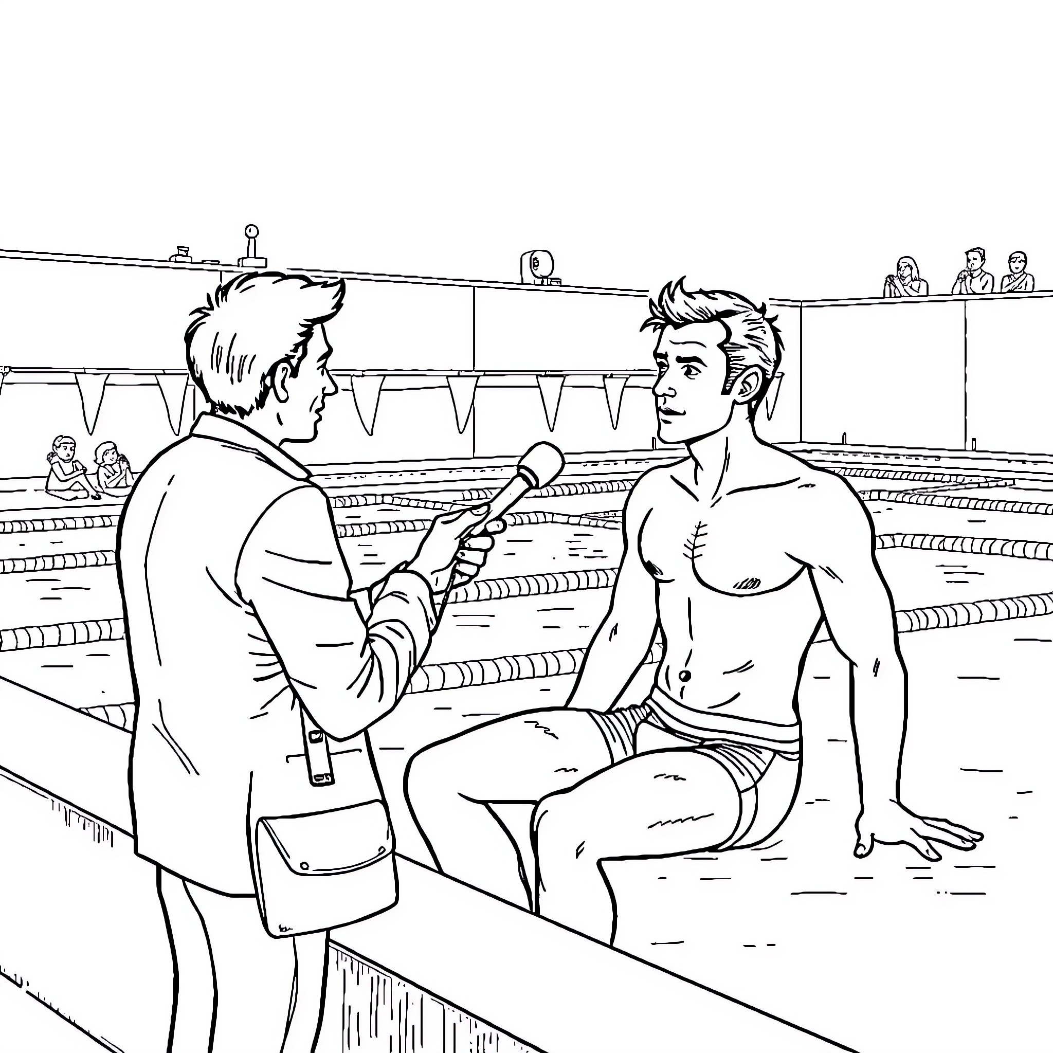 Emanuel Macron interviewed by sports journalist in stadium Coloring Page (free black-and-white line drawing printable PDF for all, from beginners to advanced learners, including children, teens, adults, and seniors)