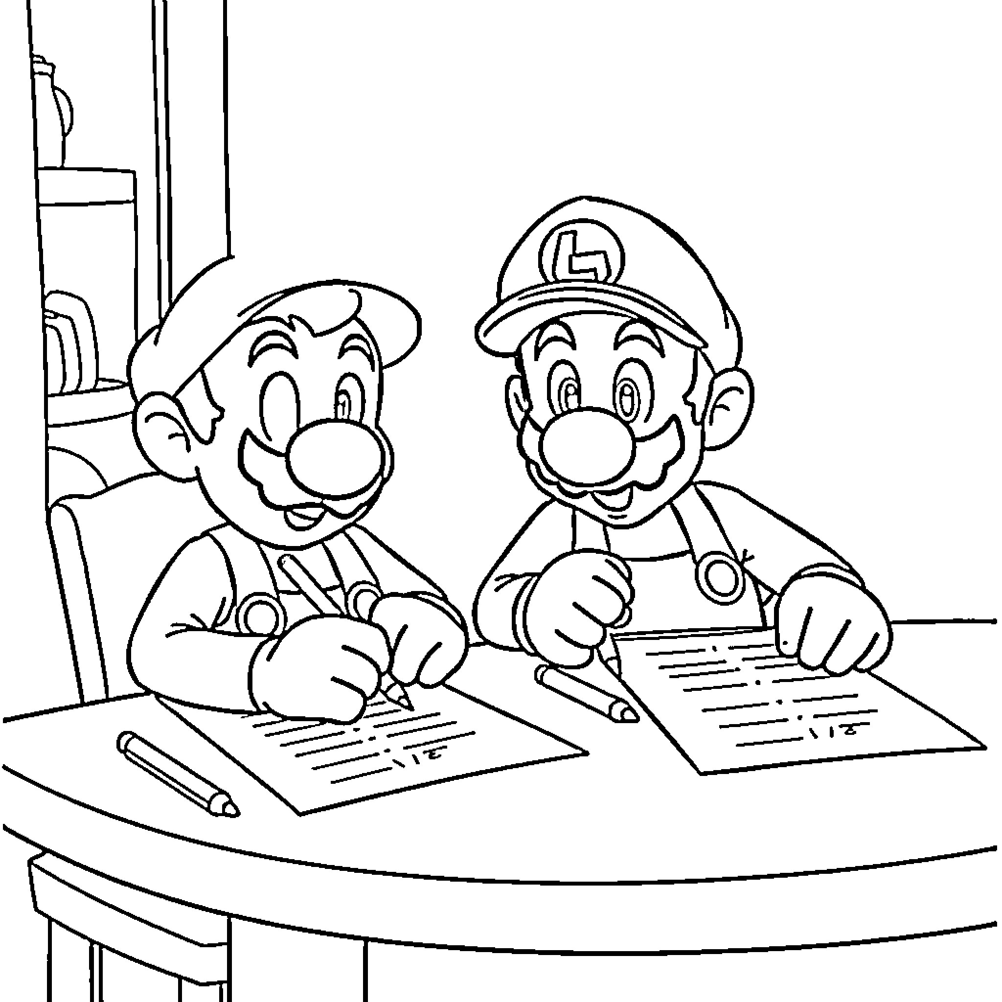 Mario and Luigi Studying Together Coloring Page (free black-and-white line drawing printable PDF for all, from beginners to advanced learners, including children, teens, adults, and seniors)