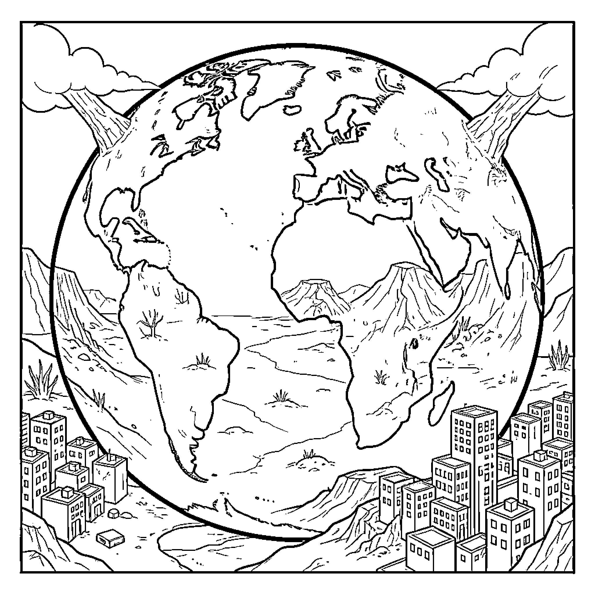 Earth surrounded by natural wonders and cityscapes Coloring Page (free black-and-white line drawing printable PDF for all, from beginners to advanced learners, including children, teens, adults, and seniors)