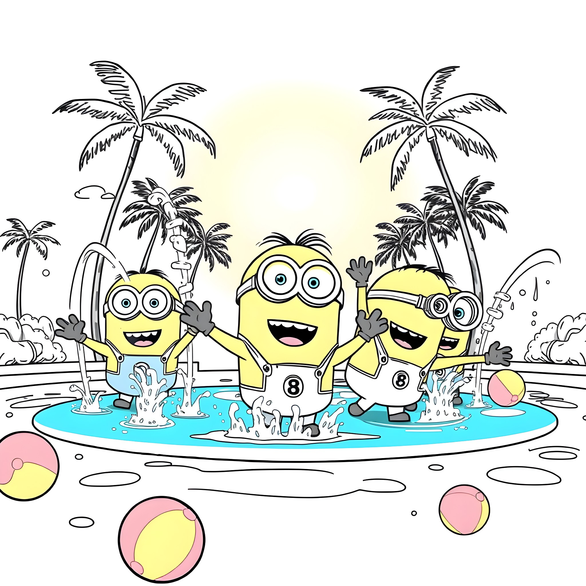 Minions enjoying a day at the beach Coloring Page (free black-and-white line drawing printable PDF for all, from beginners to advanced learners, including children, teens, adults, and seniors)