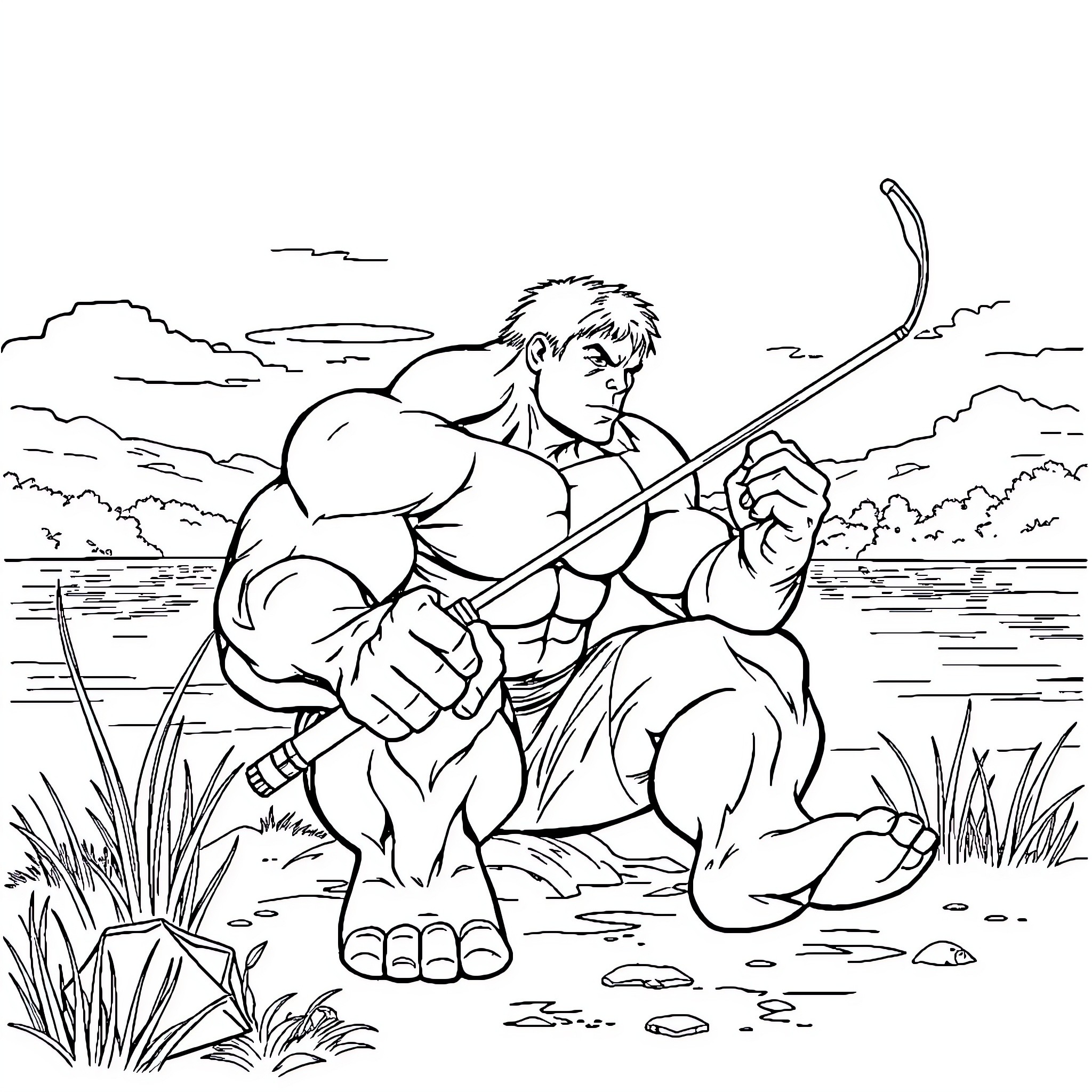 Hulk Unleashed in Nature's Tranquility Coloring Page (free black-and-white line drawing printable PDF for all, from beginners to advanced learners, including children, teens, adults, and seniors)