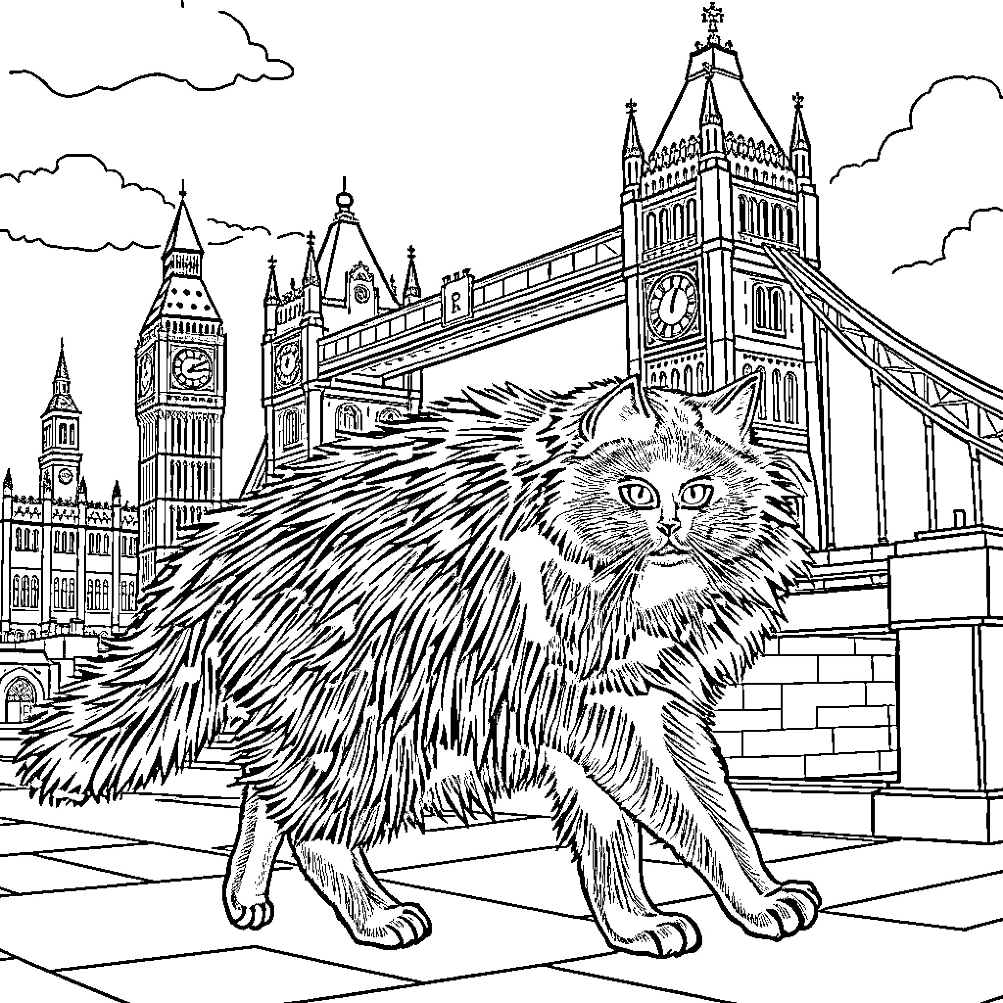Maine Coon exploring the streets of London Coloring Page (free black-and-white line drawing printable PDF for all, from beginners to advanced learners, including children, teens, adults, and seniors)