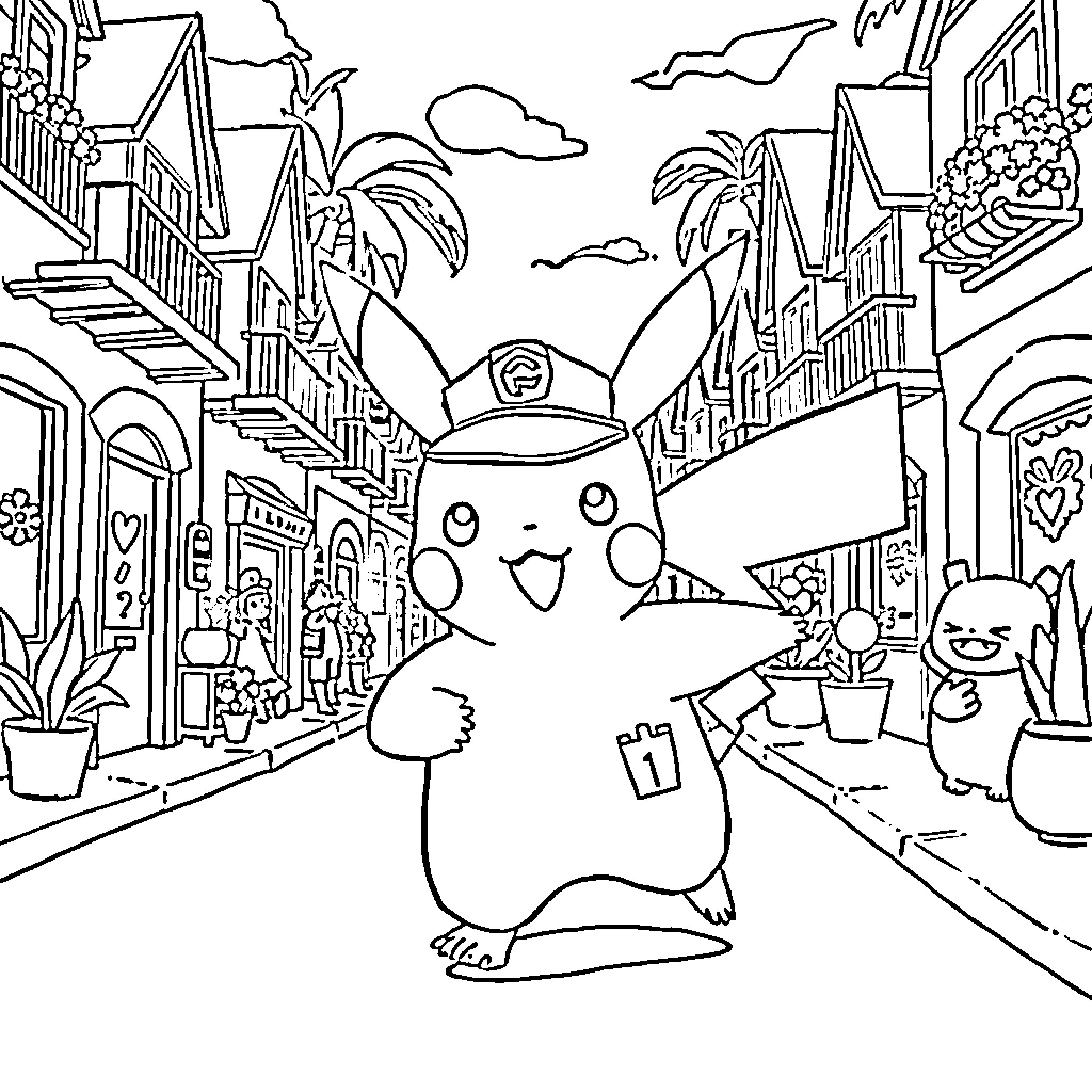 Pikachu exploring the colorful city streets Coloring Page (free black-and-white line drawing printable PDF for all, from beginners to advanced learners, including children, teens, adults, and seniors)