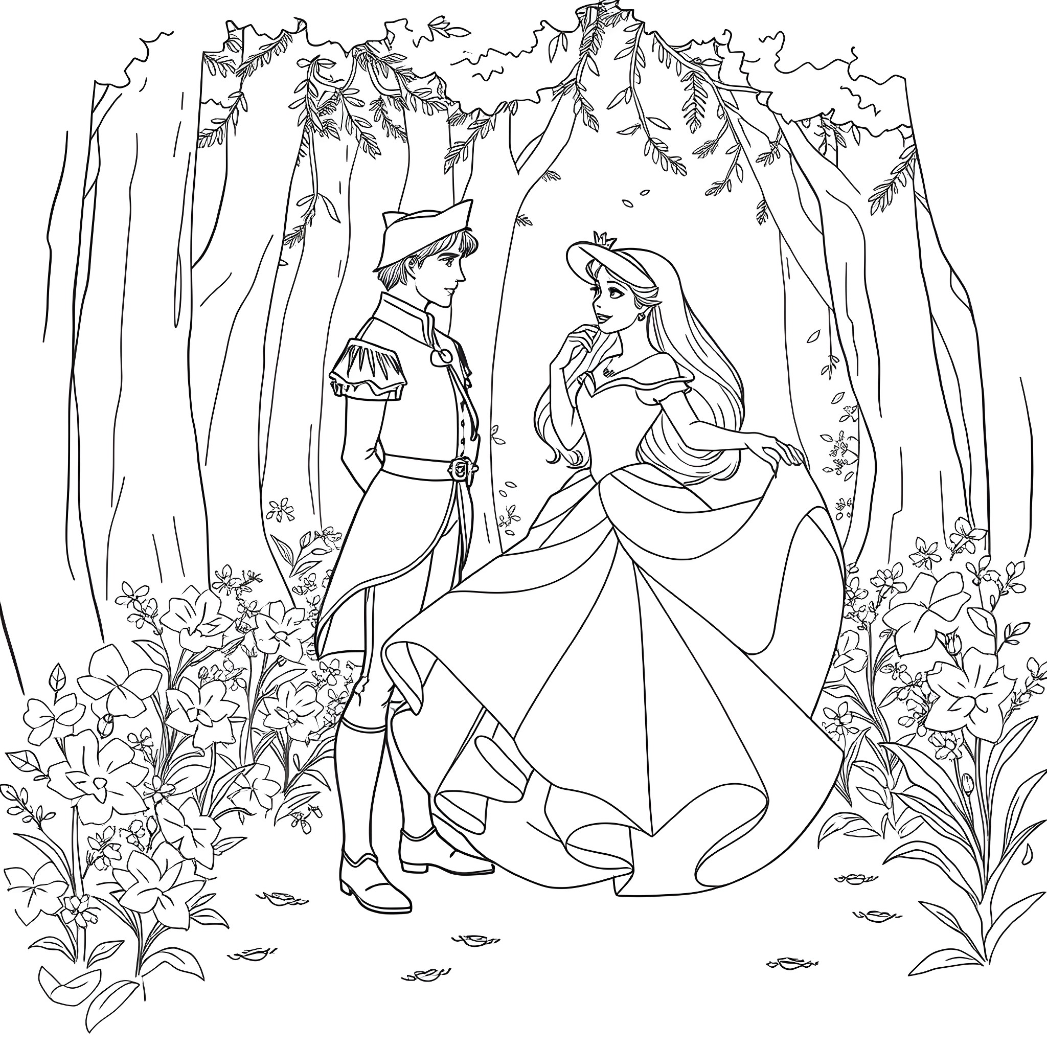 Aurora and Prince Charming in the Enchanted Forest Coloring Page (free black-and-white line drawing printable PDF for all, from beginners to advanced learners, including children, teens, adults, and seniors)