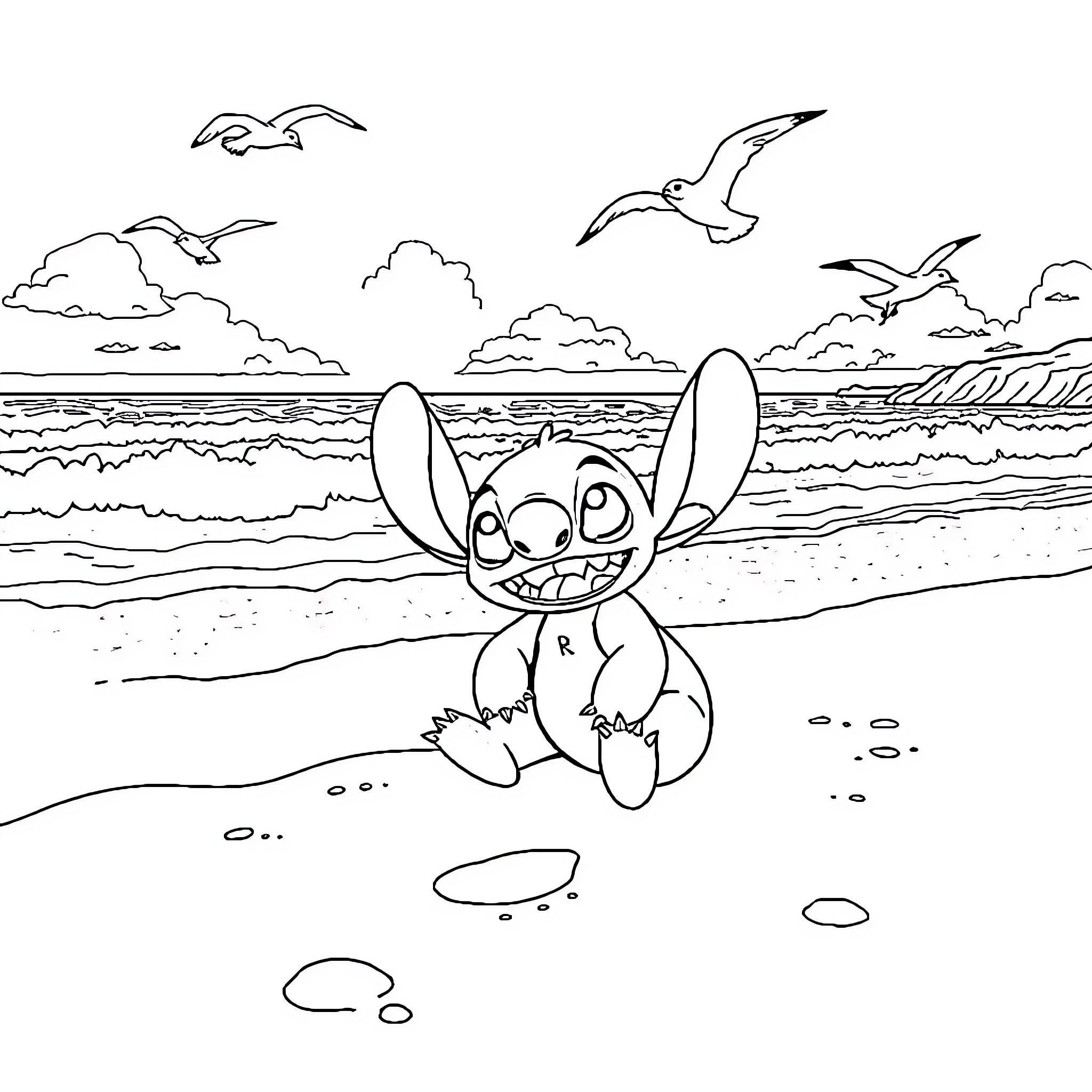 Stitch playing cheerfully on the beach Coloring Page (free black-and-white line drawing printable PDF for all, from beginners to advanced learners, including children, teens, adults, and seniors)