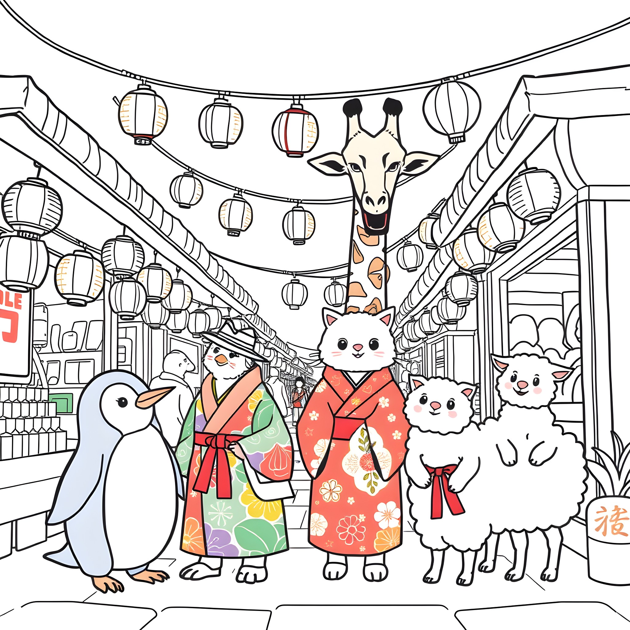 Penguin and friends explore a festive Japanese street Coloring Page (free black-and-white line drawing printable PDF for all, from beginners to advanced learners, including children, teens, adults, and seniors)