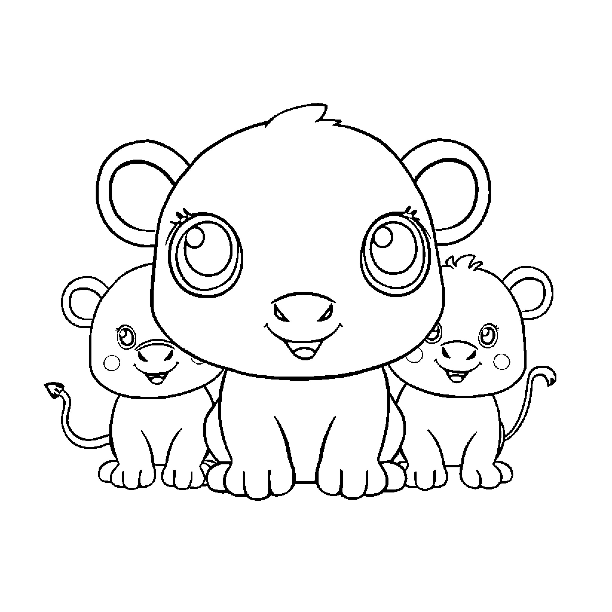 Baby Animal Trio Cuddling Affectionately Coloring Page (free black-and-white line drawing printable PDF for all, from beginners to advanced learners, including children, teens, adults, and seniors)