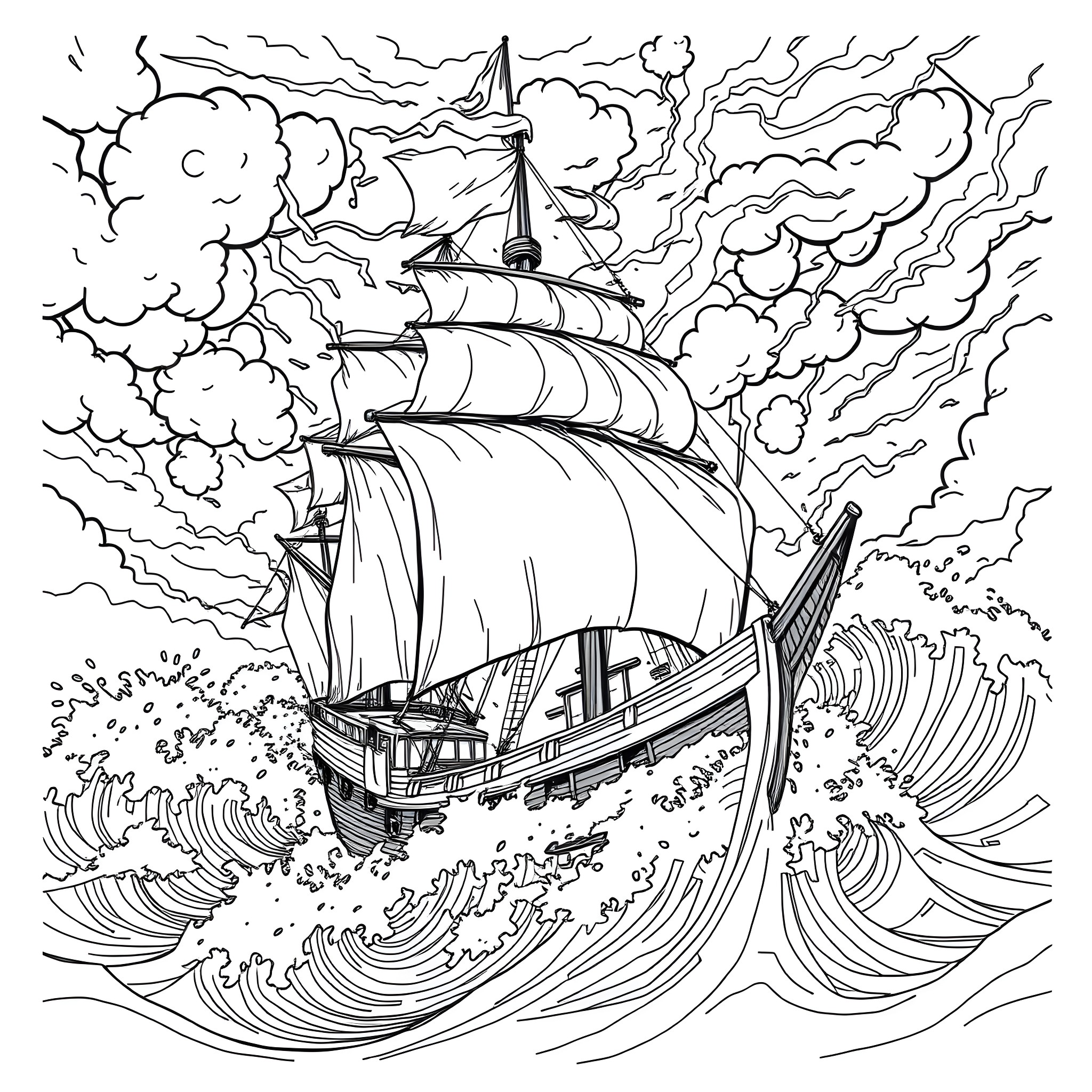 Pirate Ship Sailing Through Stormy Seas Coloring Page (free black-and-white line drawing printable PDF for all, from beginners to advanced learners, including children, teens, adults, and seniors)