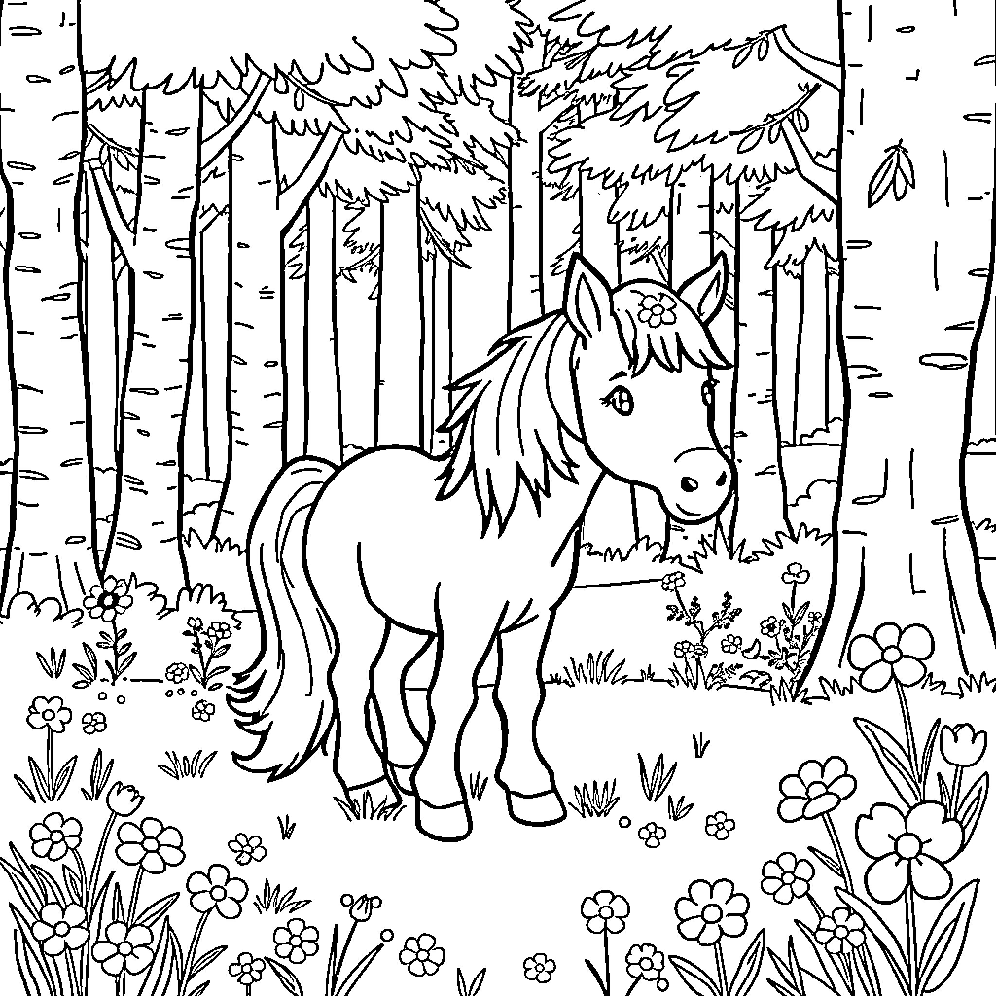 Pony in the Enchanted Forest Coloring Page (free black-and-white line drawing printable PDF for all, from beginners to advanced learners, including children, teens, adults, and seniors)