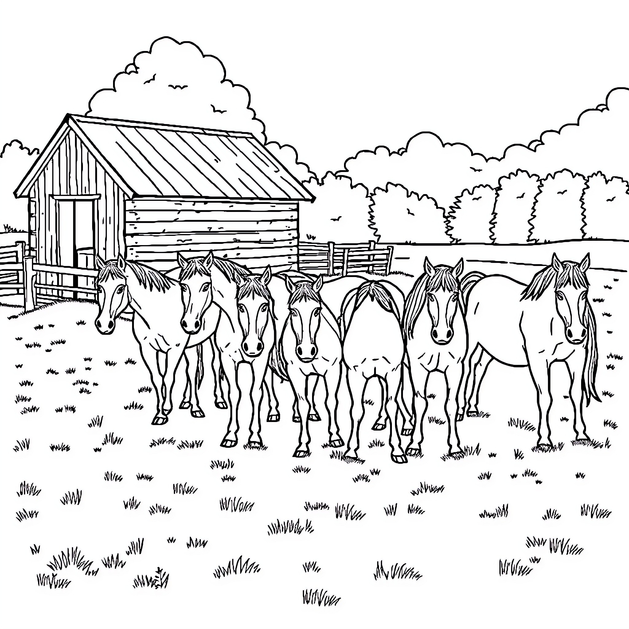 Horse herd grazing near rustic wooden barn Coloring Page (free black-and-white line drawing printable PDF for all, from beginners to advanced learners, including children, teens, adults, and seniors)