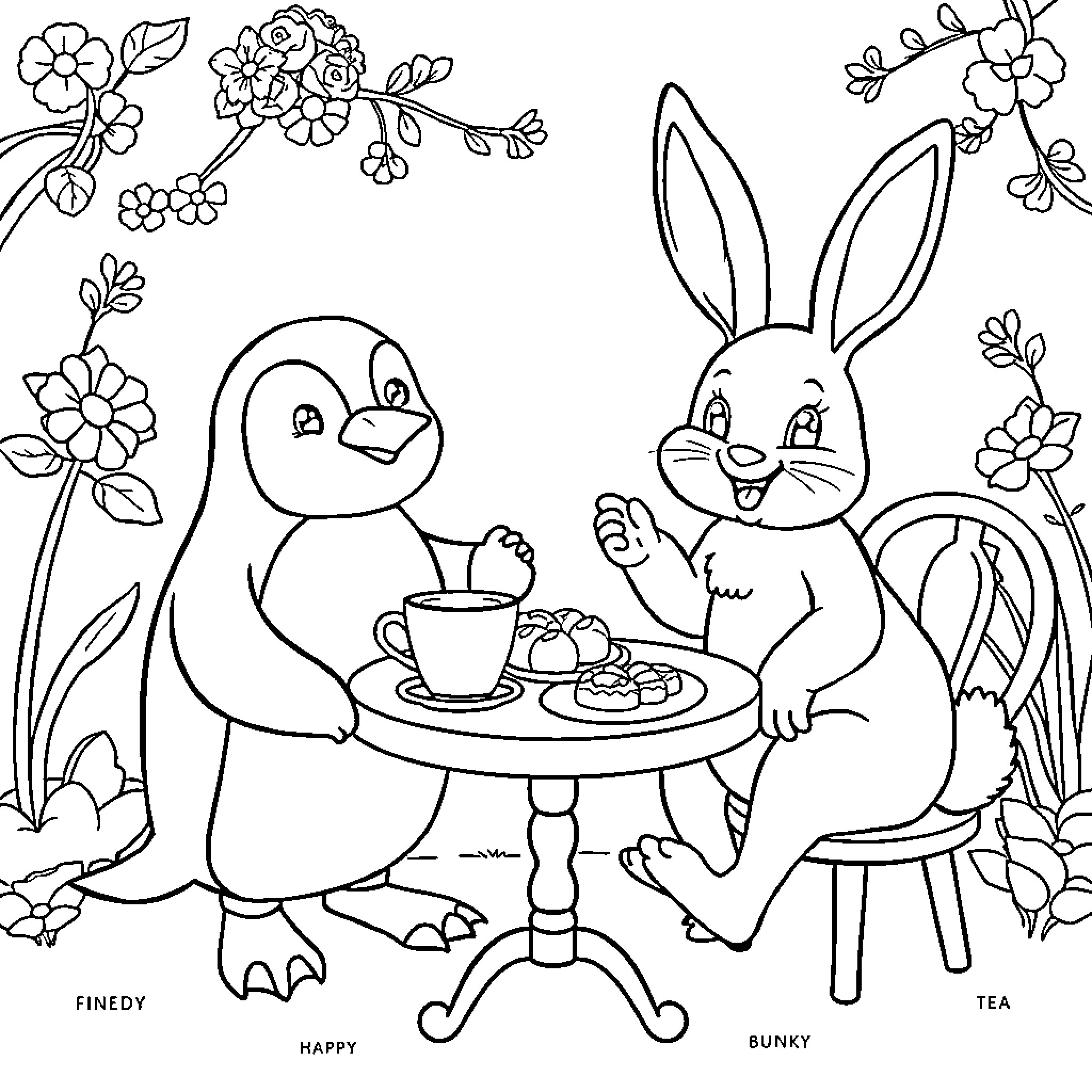Penguin and bunny enjoying tea party in garden Coloring Page (free black-and-white line drawing printable PDF for all, from beginners to advanced learners, including children, teens, adults, and seniors)
