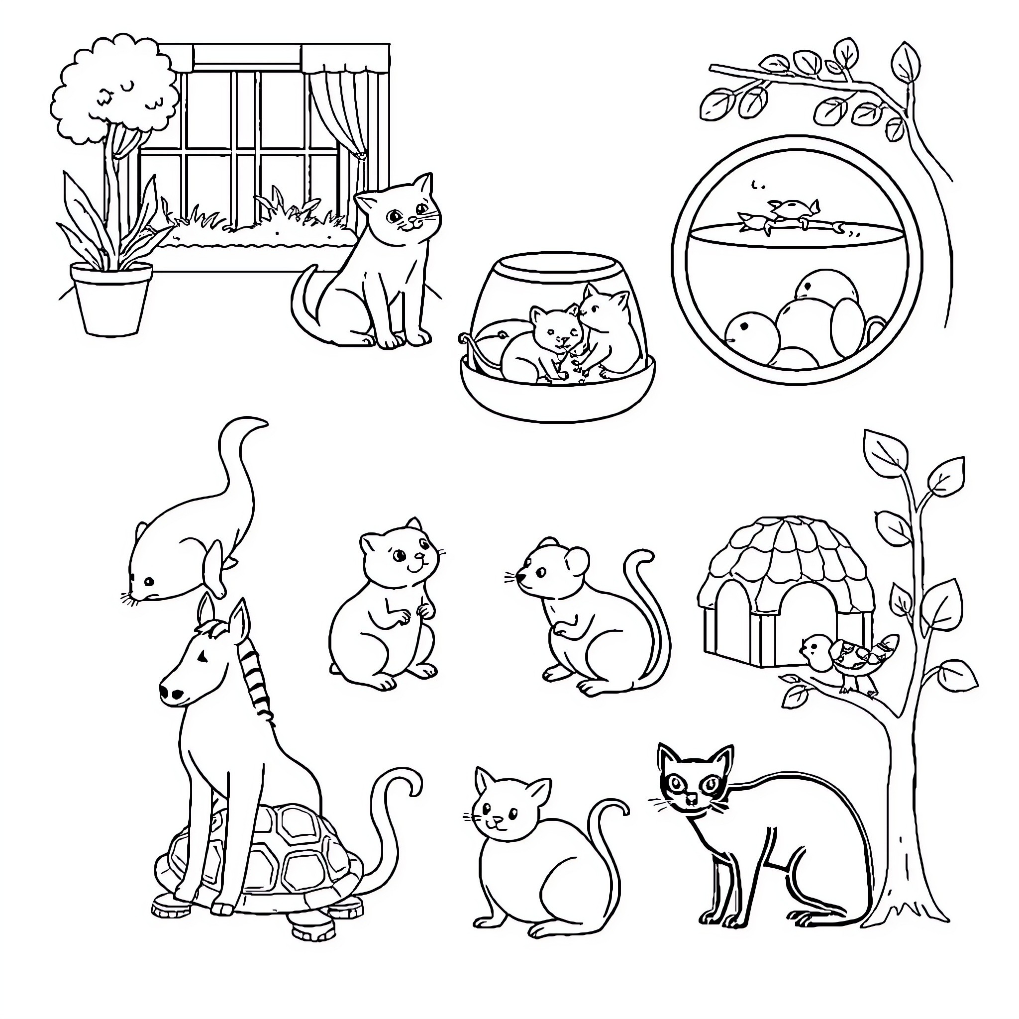 Animal friends in cozy home settings Coloring Page (free black-and-white line drawing printable PDF for all, from beginners to advanced learners, including children, teens, adults, and seniors)