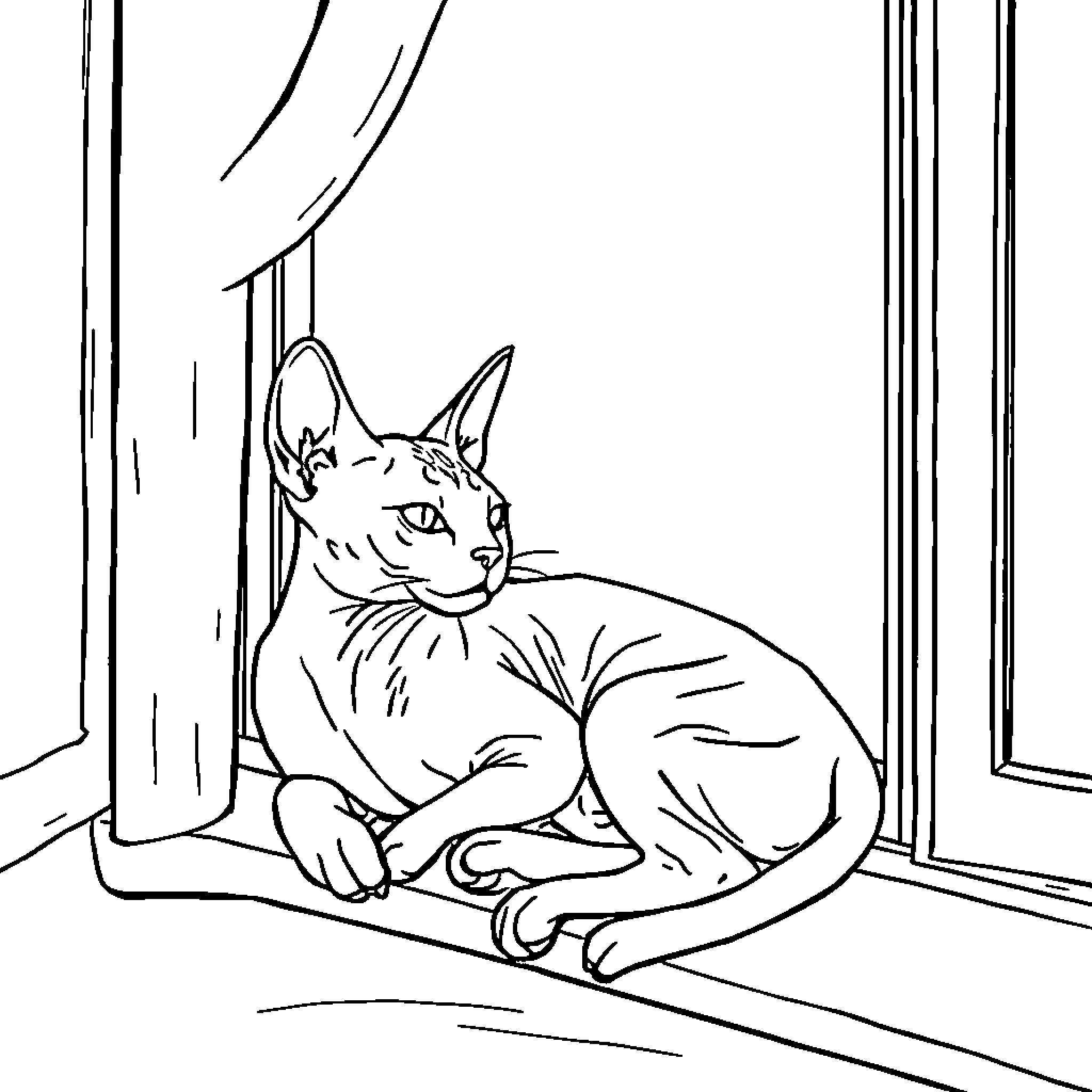 Sphynx Cat relaxing by the window Coloring Page (free black-and-white line drawing printable PDF for all, from beginners to advanced learners, including children, teens, adults, and seniors)