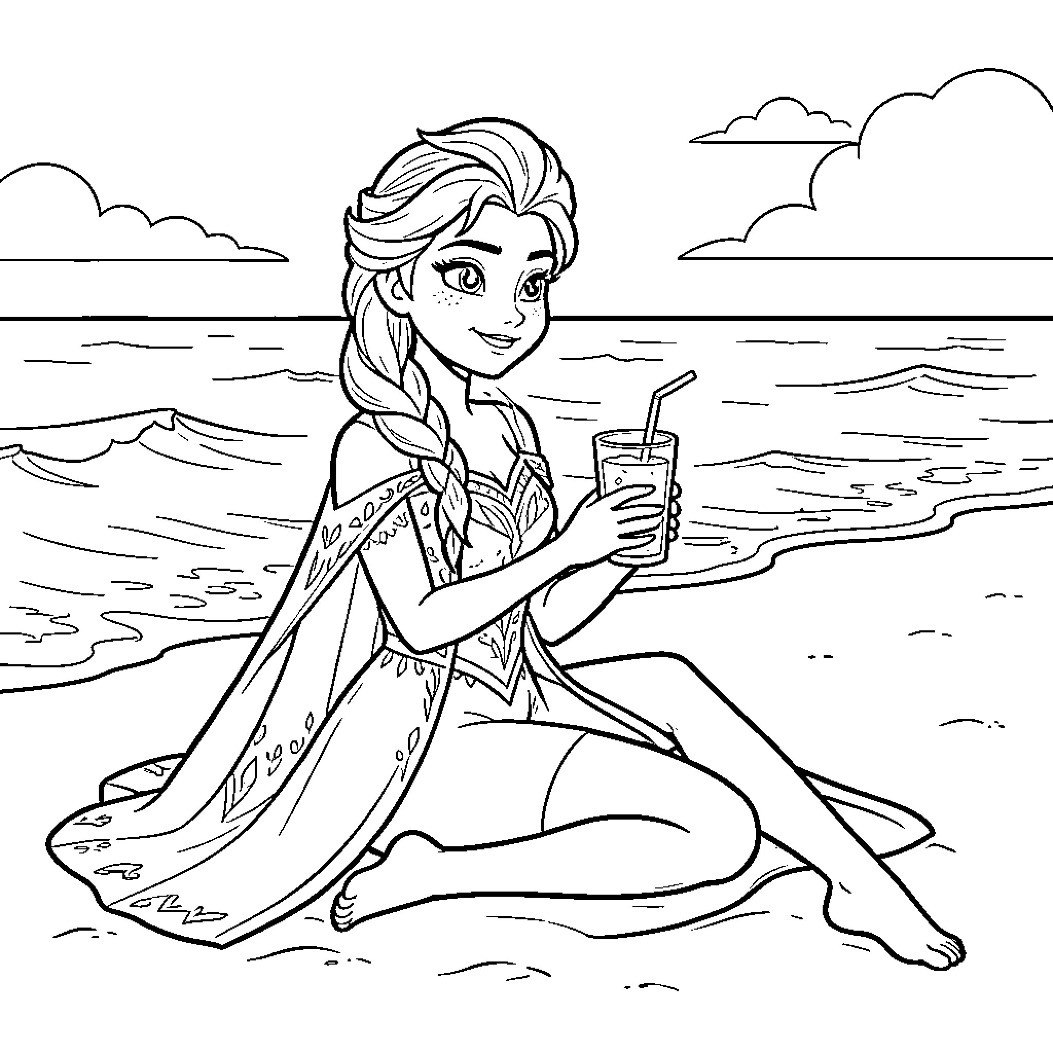 Elsa sitting on the beach drinking a beverage Coloring Page (free black-and-white line drawing printable PDF for all, from beginners to advanced learners, including children, teens, adults, and seniors)