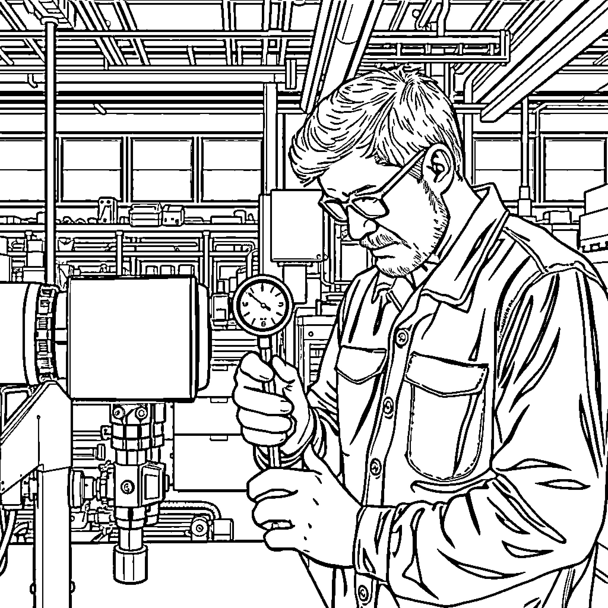 Technician Examining Equipment in Industrial Setting Coloring Page (free black-and-white line drawing printable PDF for all, from beginners to advanced learners, including children, teens, adults, and seniors)