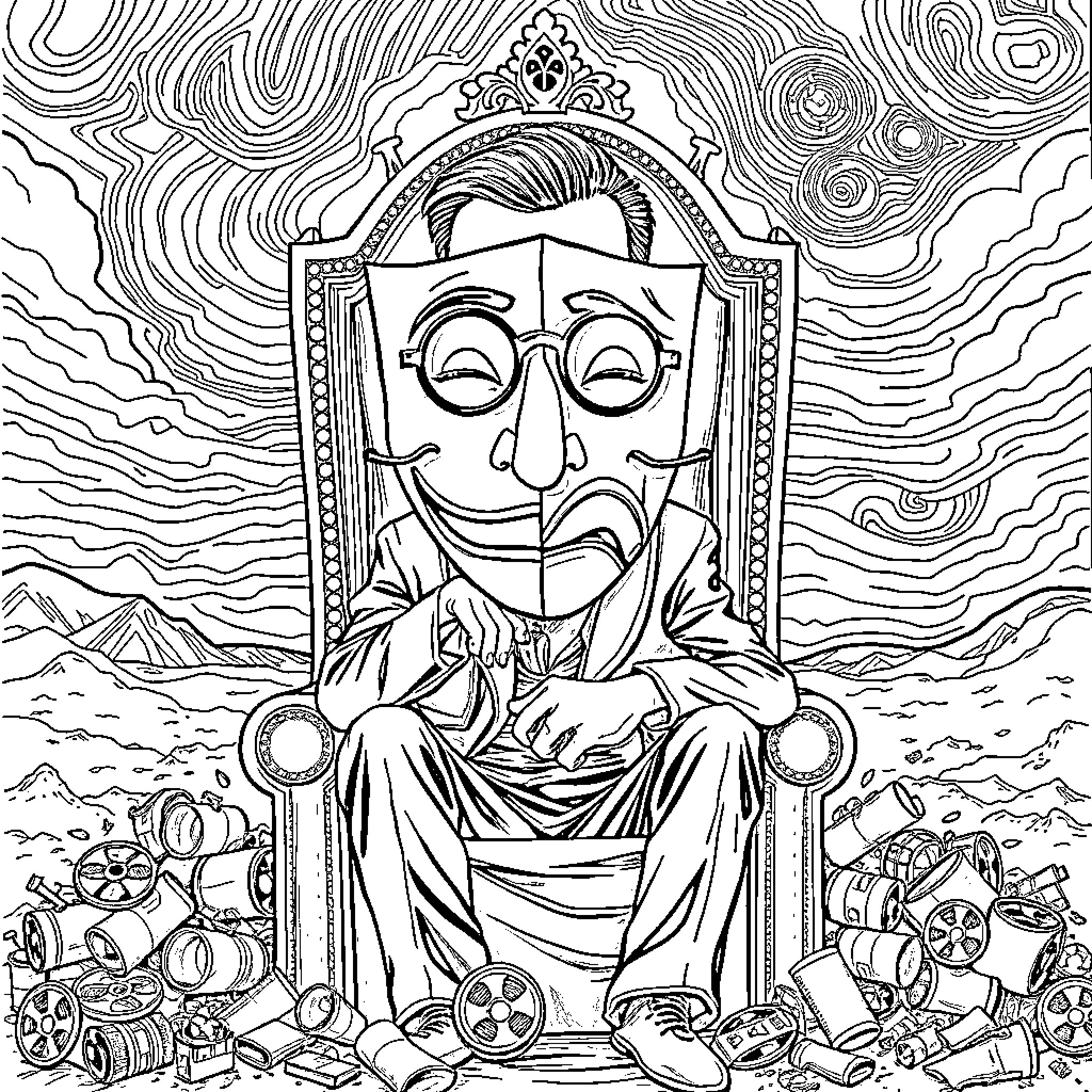 Man sitting on a throne amid ornate decorations Coloring Page (free black-and-white line drawing printable PDF for all, from beginners to advanced learners, including children, teens, adults, and seniors)