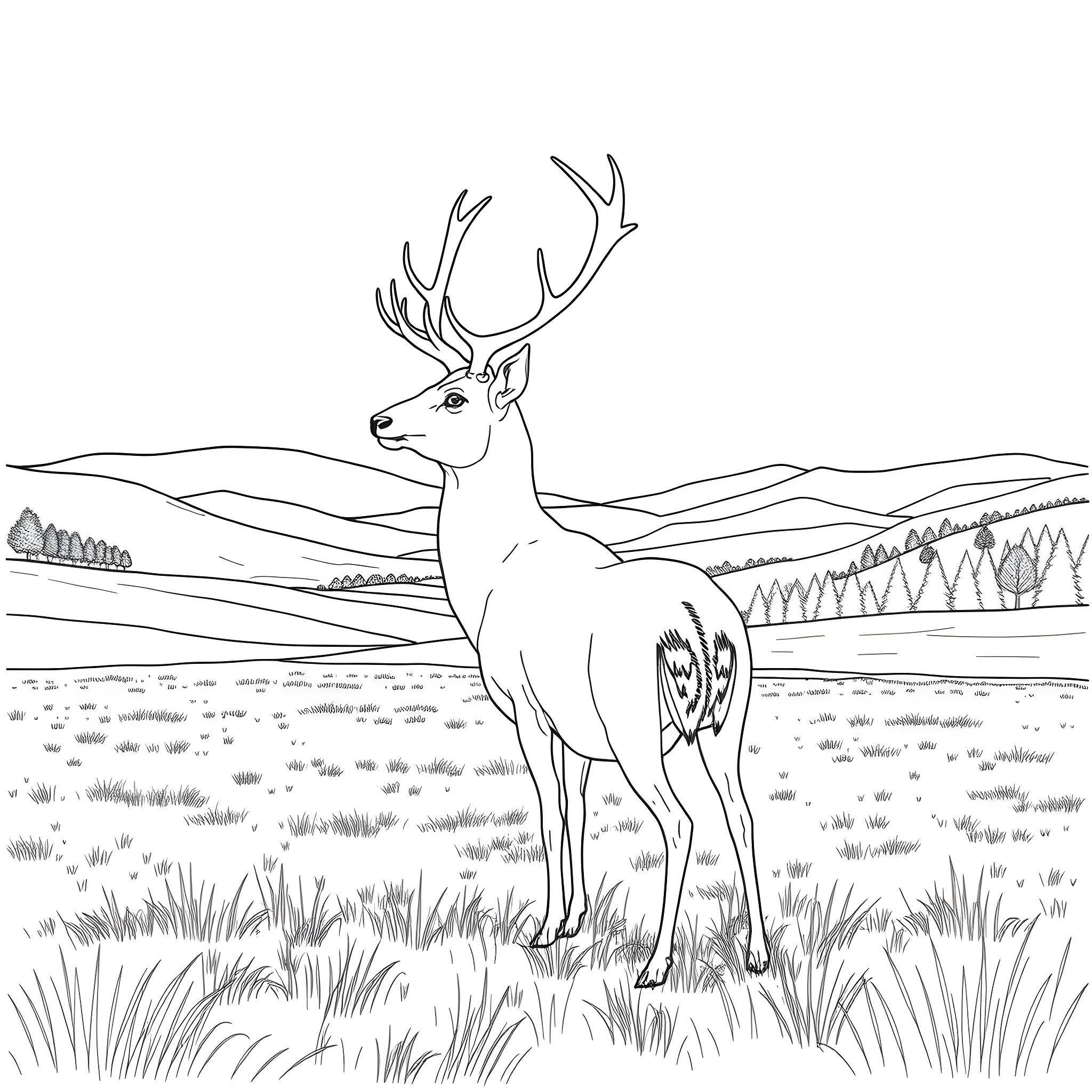 Deer standing tall in a natural landscape Coloring Page (free black-and-white line drawing printable PDF for all, from beginners to advanced learners, including children, teens, adults, and seniors)
