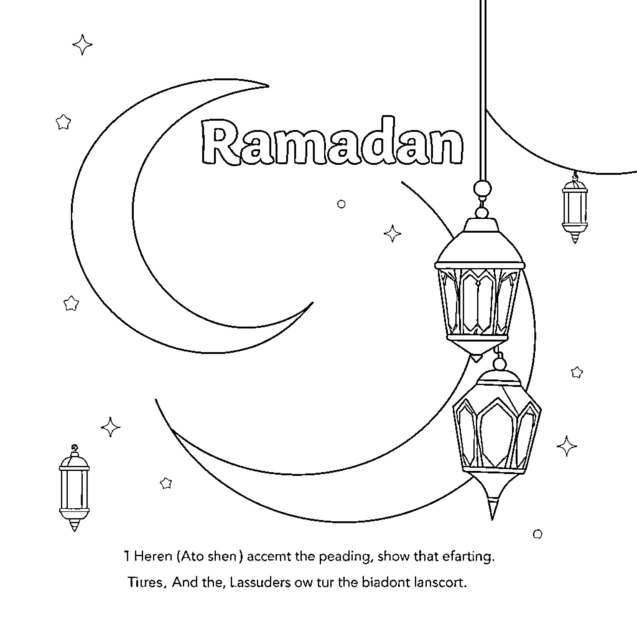 Ramadan celebration with crescent moons and lanterns Coloring Page (free black-and-white line drawing printable PDF for all, from beginners to advanced learners, including children, teens, adults, and seniors)