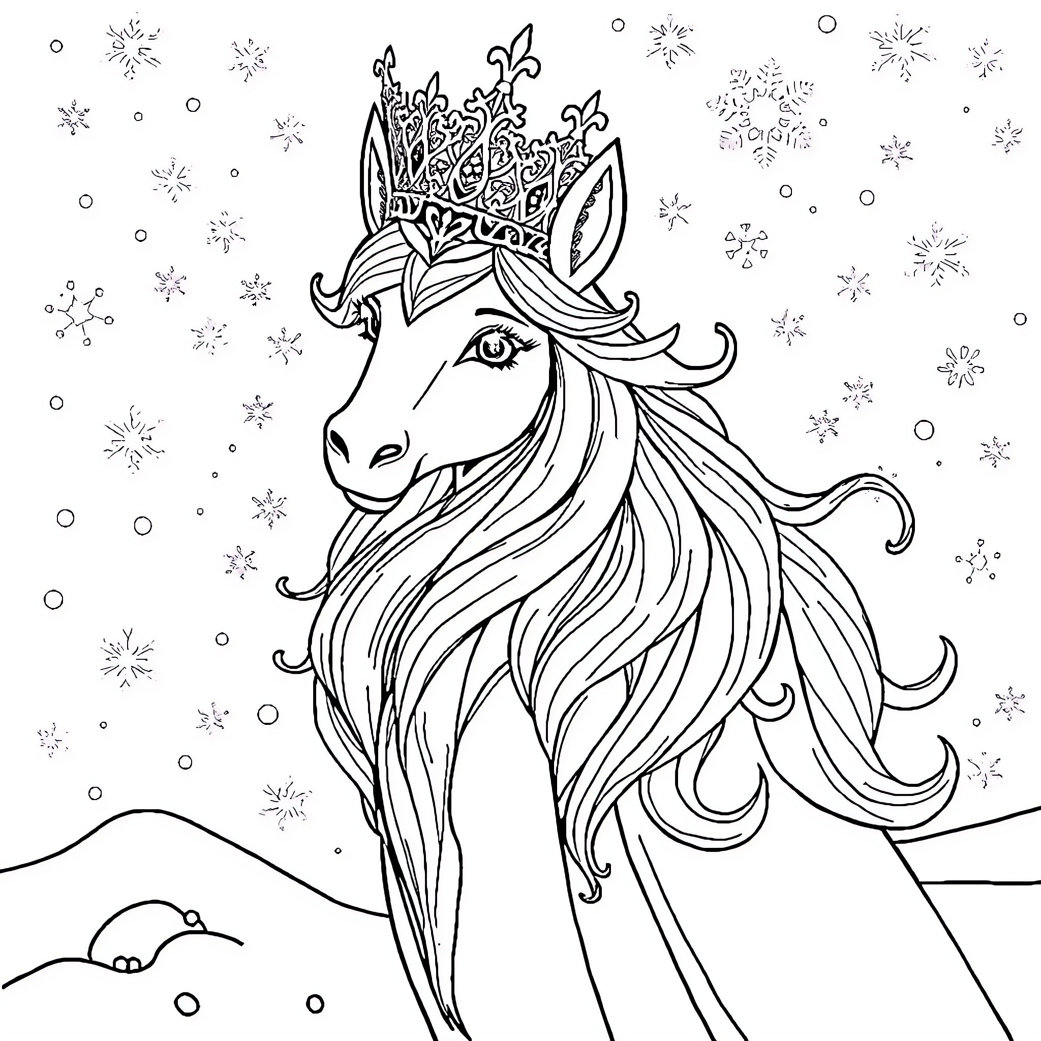 Queen of Winter Wonderland Coloring Page (free black-and-white line drawing printable PDF for all, from beginners to advanced learners, including children, teens, adults, and seniors)