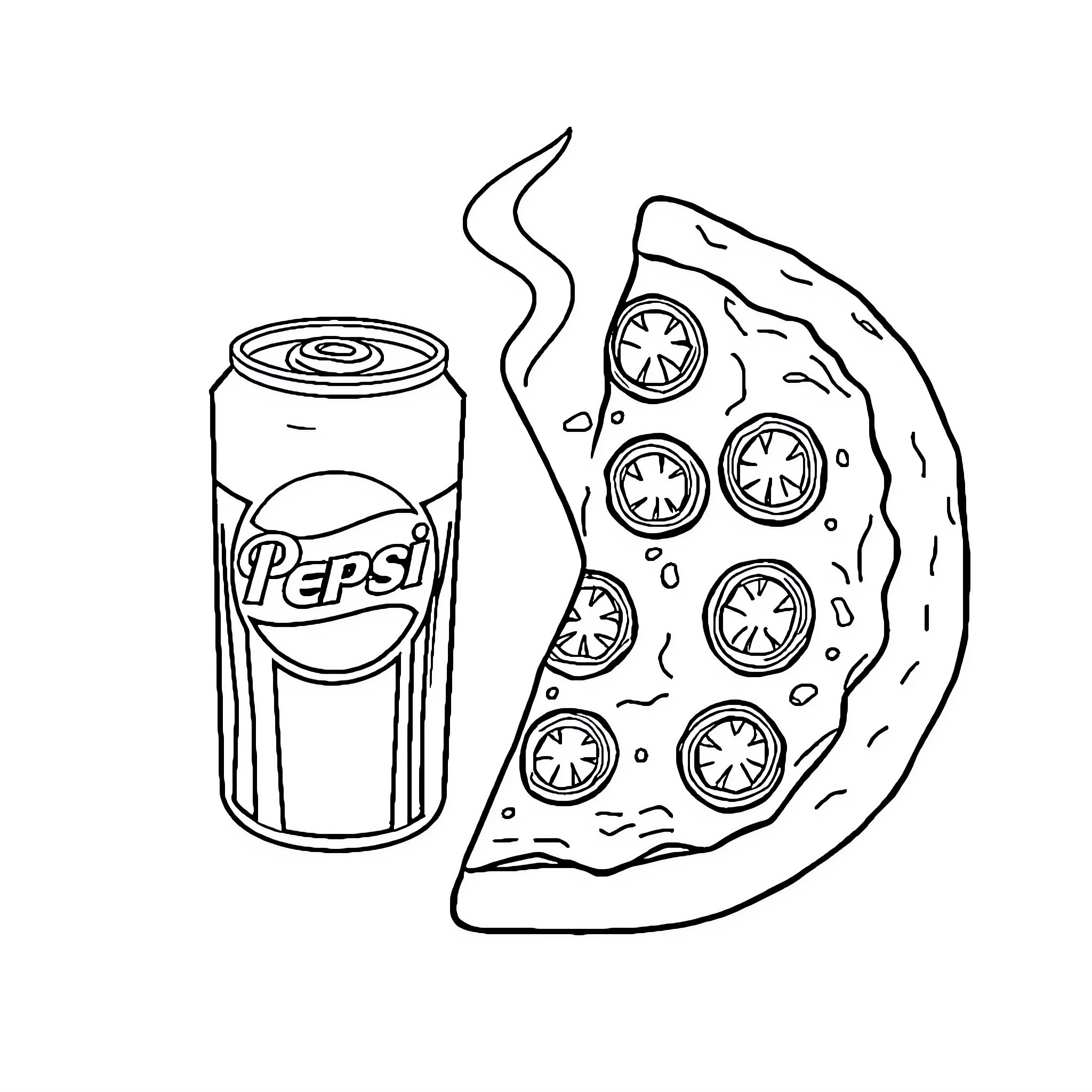 Pizza and Pepsi Shared Enjoyment Coloring Page (free black-and-white line drawing printable PDF for all, from beginners to advanced learners, including children, teens, adults, and seniors)