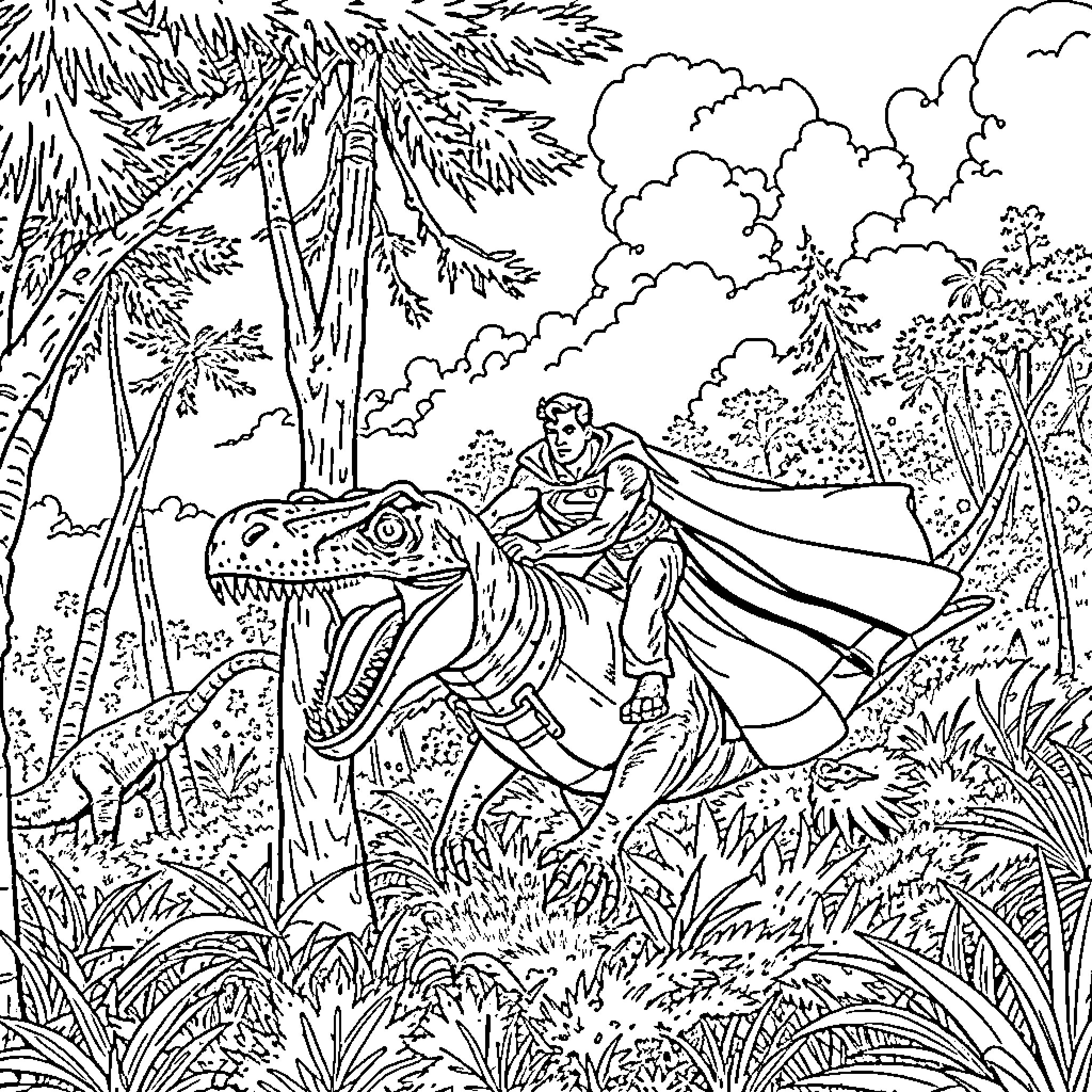 Superman heroically explores the jungle Coloring Page (free black-and-white line drawing printable PDF for all, from beginners to advanced learners, including children, teens, adults, and seniors)