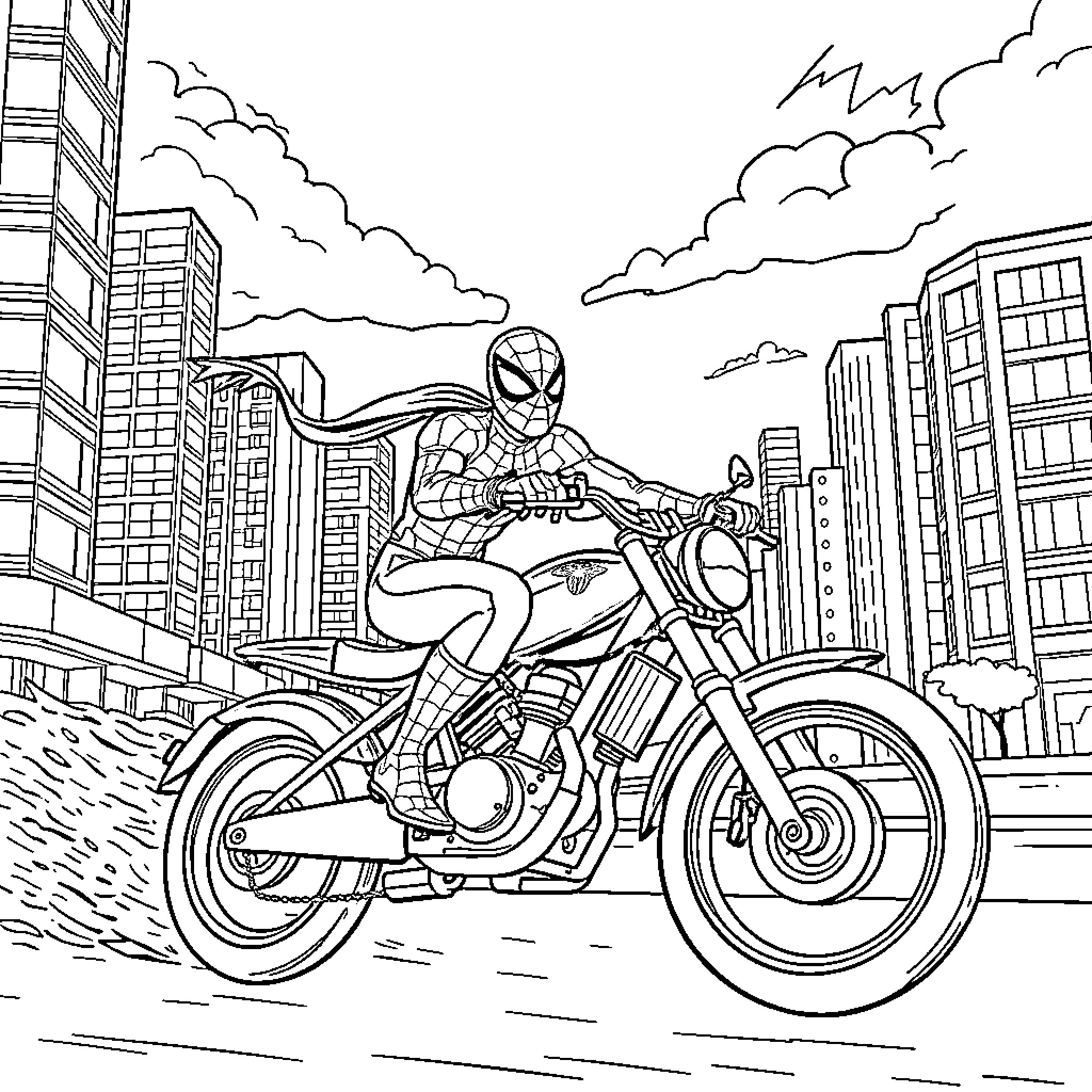 Spiderman riding a motorcycle in the city Coloring Page (free black-and-white line drawing printable PDF for all, from beginners to advanced learners, including children, teens, adults, and seniors)